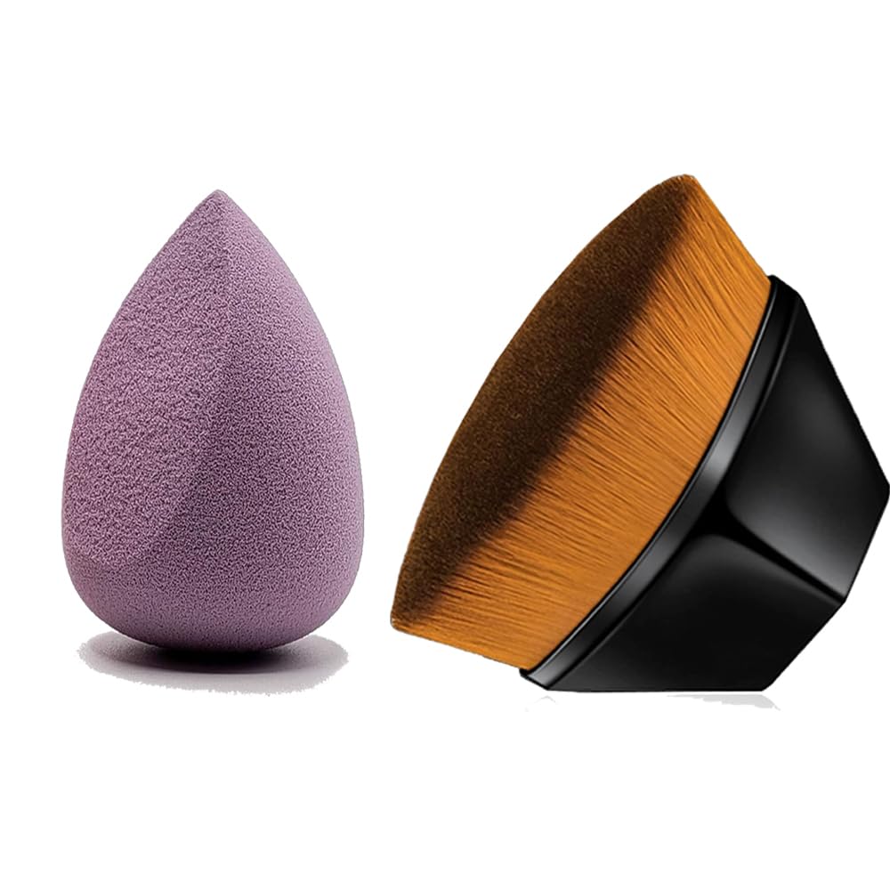 Premium Kabuki Makeup Brush - Hexagon Face Blush Brush for Liquid, Cream & Powder Foundation | Professional Blending Tool for Flawless Makeup Application | Includes Free Beauty Blender (Black) | Perfect for Daily Makeup Routine & Professional Makeup Artists