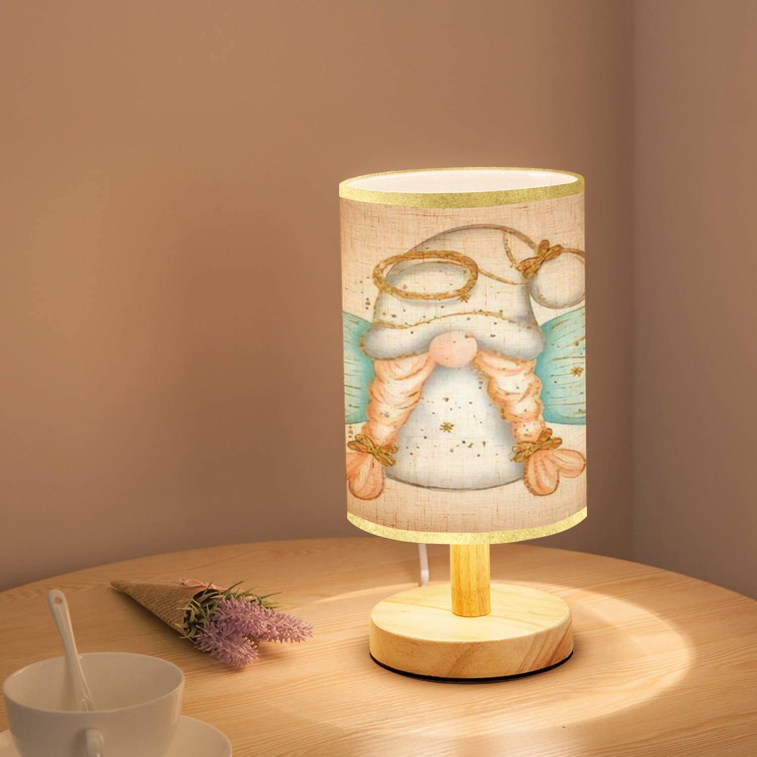 Minimalist Wooden Nightstand Lamp with Flaxen Fabric Shade - Angel Gnome Design for Bedroom & Living Room - Perfect for Cozy Reading Nook, Nursery Decor or Warm Ambient Lighting