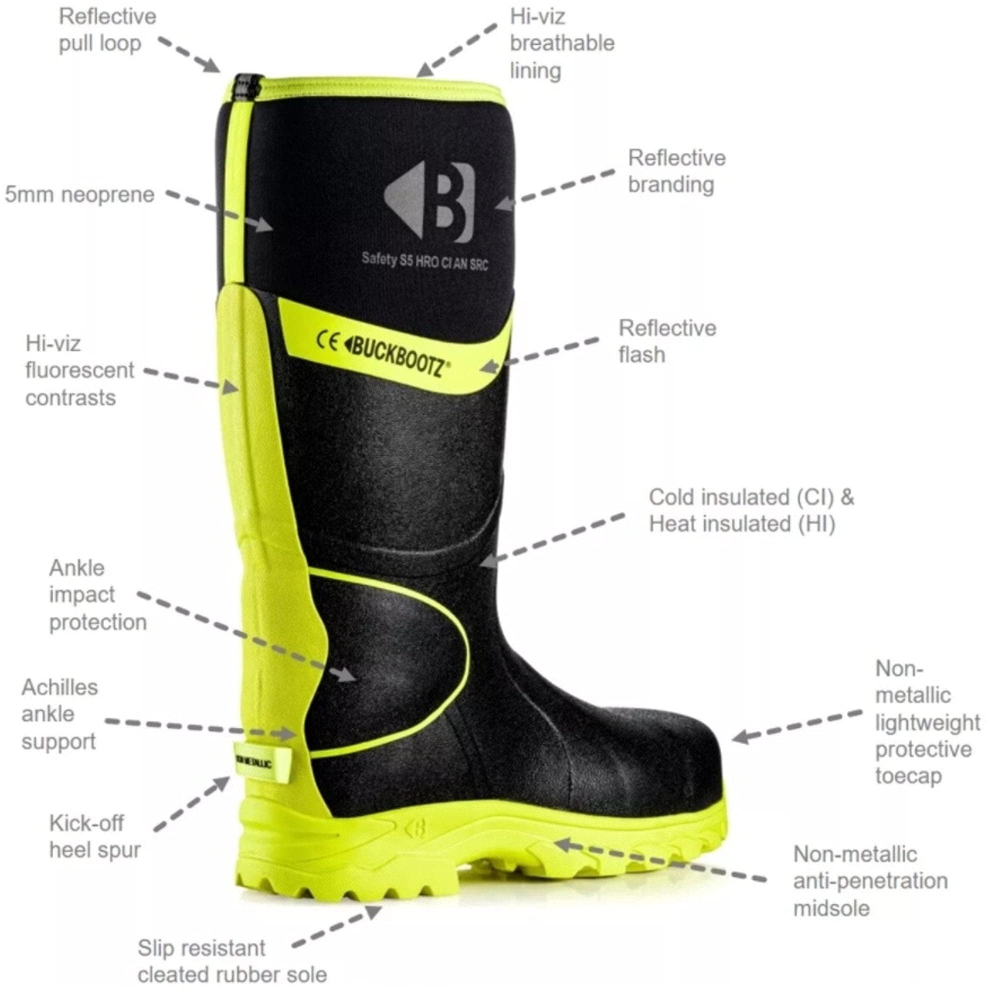 Buckbootz BBZ6000BK Black Waterproof Safety Wellington Boots for Men & Women - Heavy Duty Work Boots for Construction, Farming, and Outdoor Activities