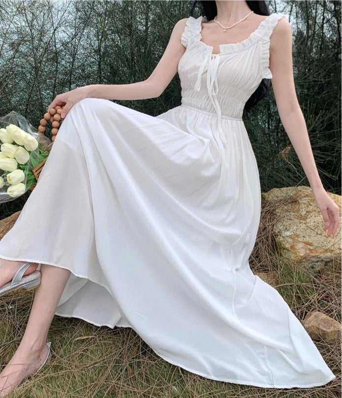Elegant French Square Neck Fairy Dress - Summer Pleated Long Skirt for Women | Boho Chic Flowy Maxi Dress | Perfect for Weddings, Beach Vacations & Romantic Dates