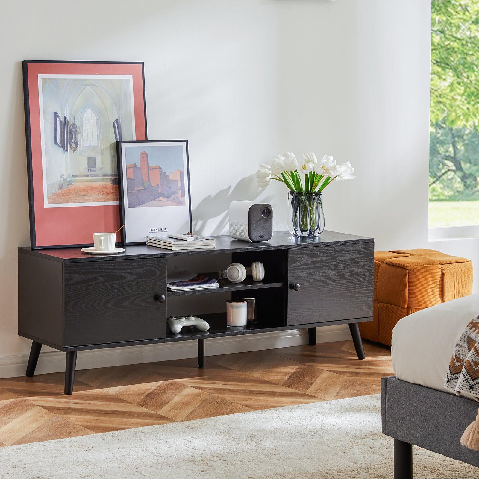 60 Inch TV Stand with Adjustable Shelves & 2 Storage Cabinets - Modern Black TV Media Console for Living Room & Bedroom - Perfect for Entertainment Centers & Home Theater Setups