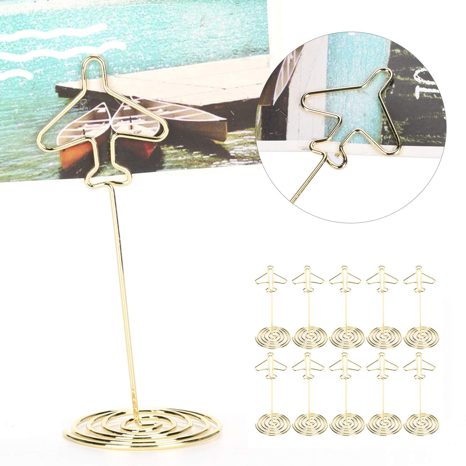 3.5 Inch Gold Metal Card Holders - 10 Pack Table Number Stands for Name Cards, Menus, Photos & Business Cards - Elegant Airplane Design with Base - Perfect for Weddings, Events & Office Organization