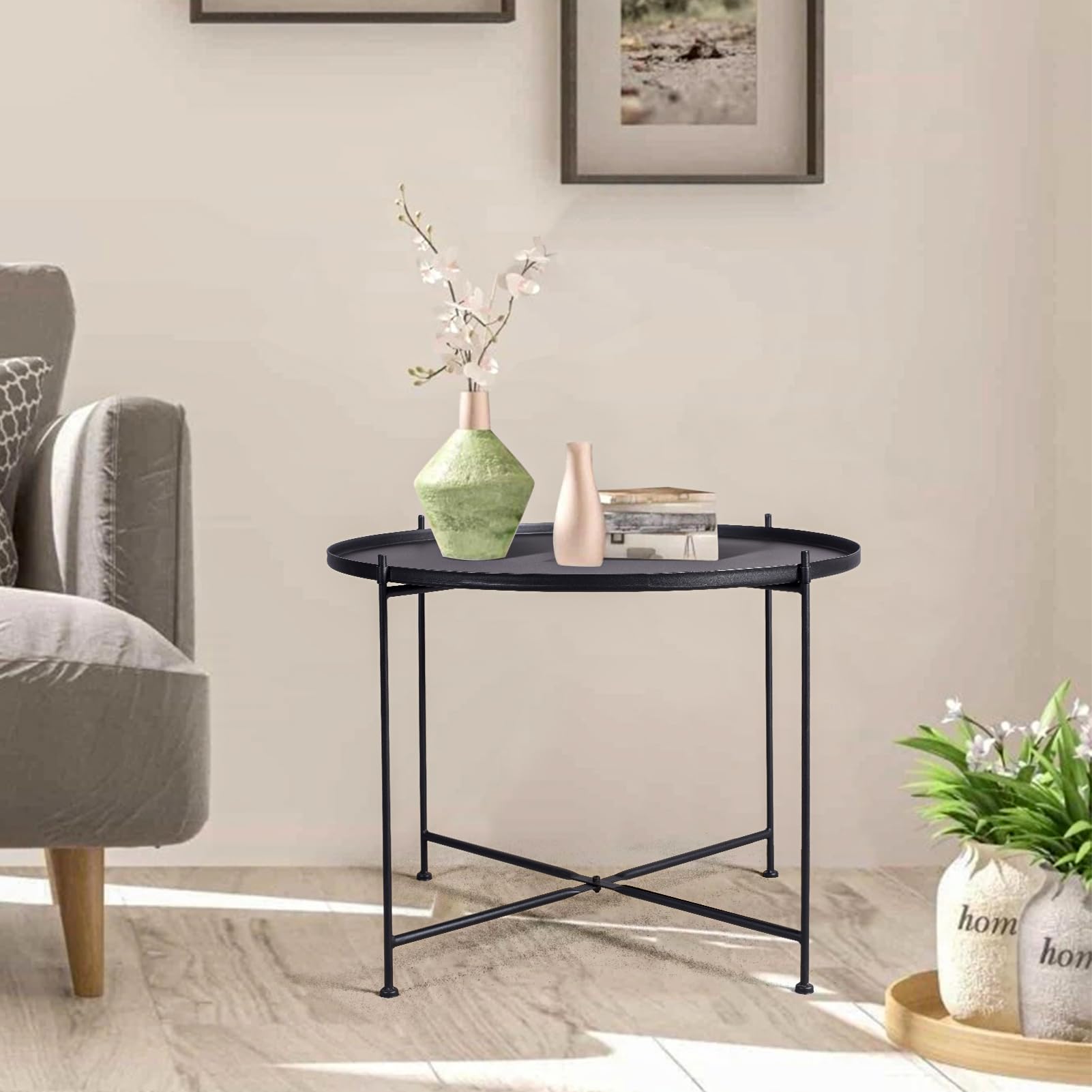 Round Side Table with Tray Top - Metal Folding Accent Coffee Table - Waterproof & Rustproof for Indoor & Outdoor Use - 21.65