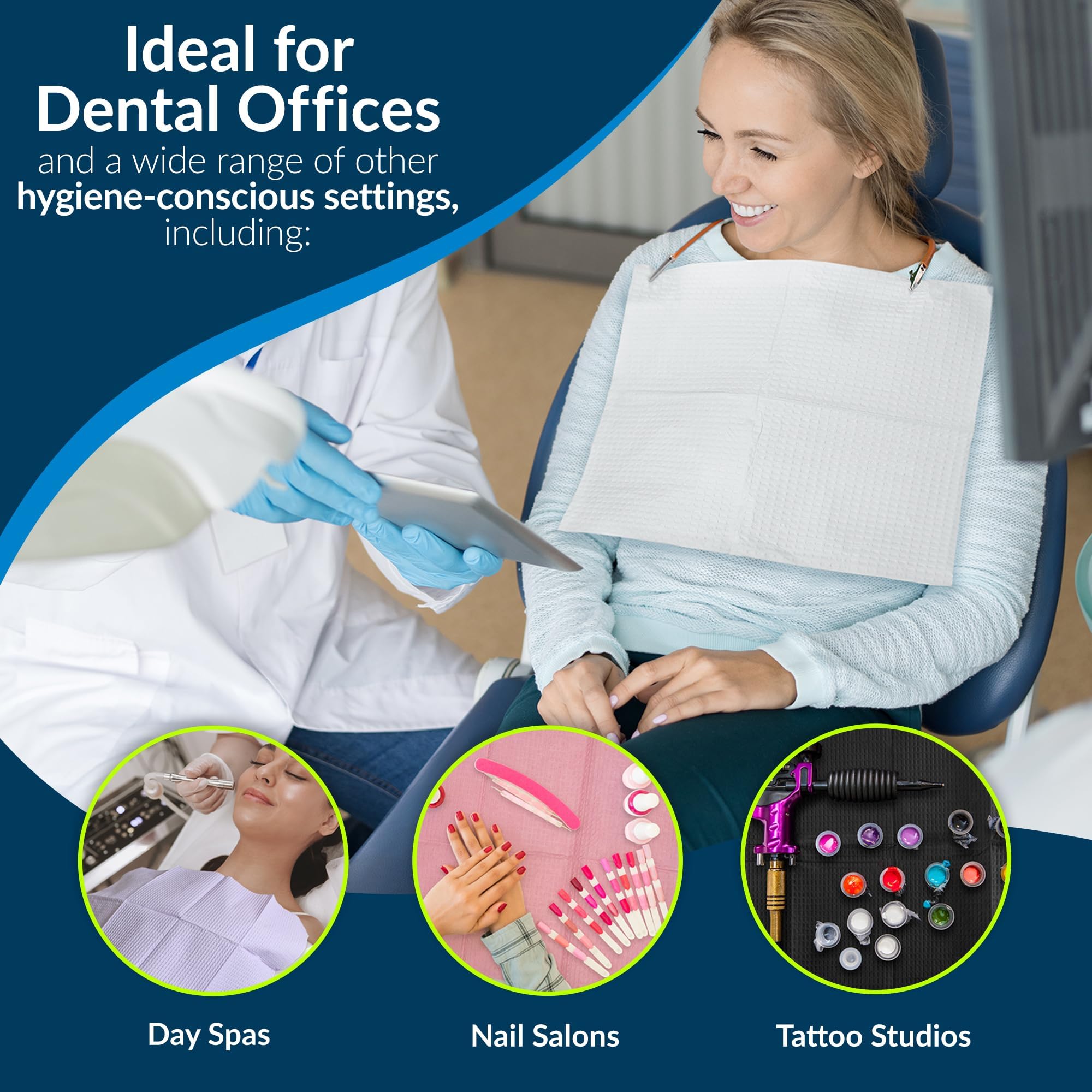 **TIDI 1081 Avalon Disposable Dental Bibs, White, 4 Layers, 13” x 18” (Pack of 500) – 3-Ply Tissue with Poly Back for Leak Protection – Embossed Design – Ideal for Dental Clinics, Nail Salons & Tattoo Studios**
