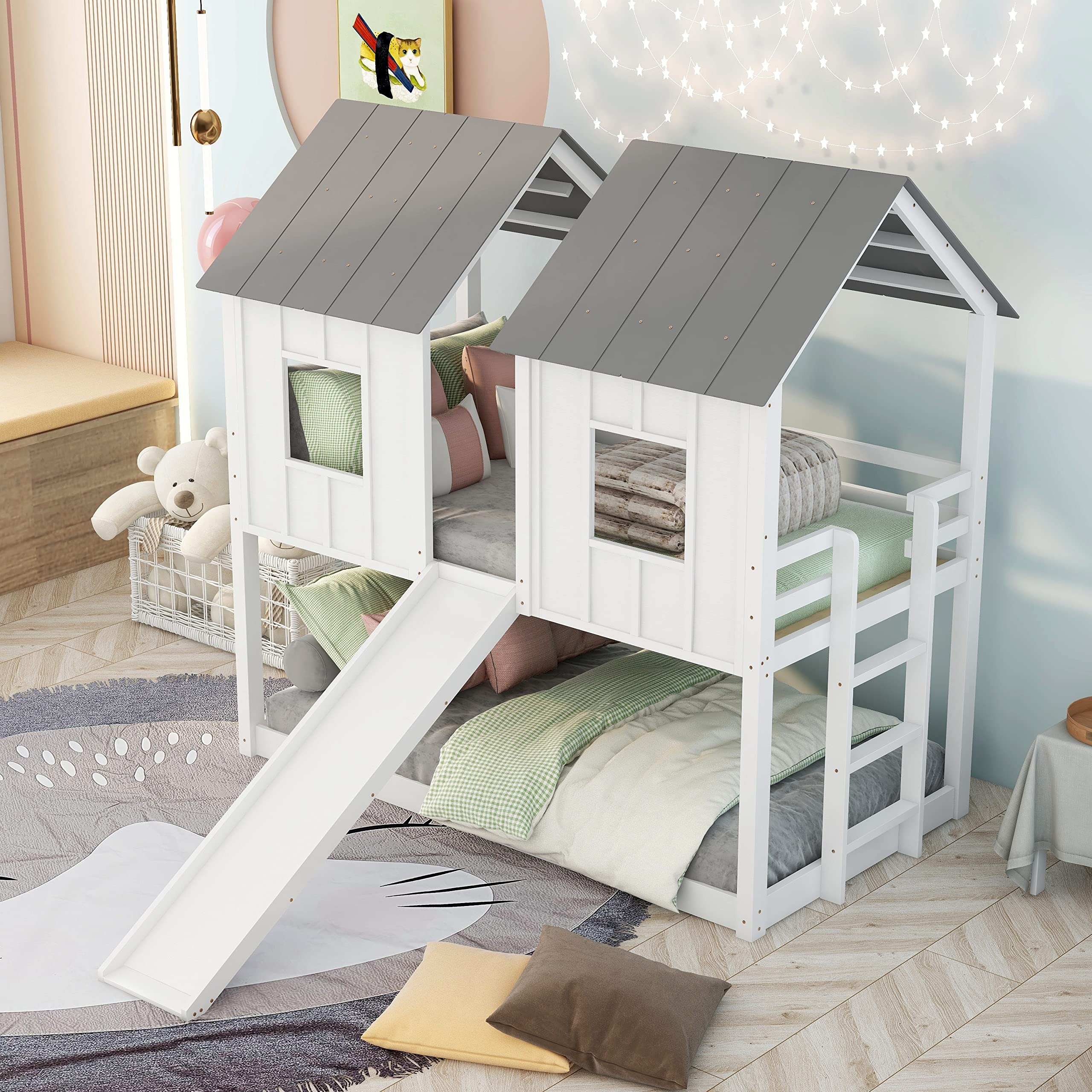 **Twin Over Twin Bunk Bed with Slide & Playhouse Design - Kids House Bed with Roof & Windows for Toddlers & Children, No Box Spring Needed (Antique White) - Perfect for Bedrooms, Playrooms & Sleepovers**