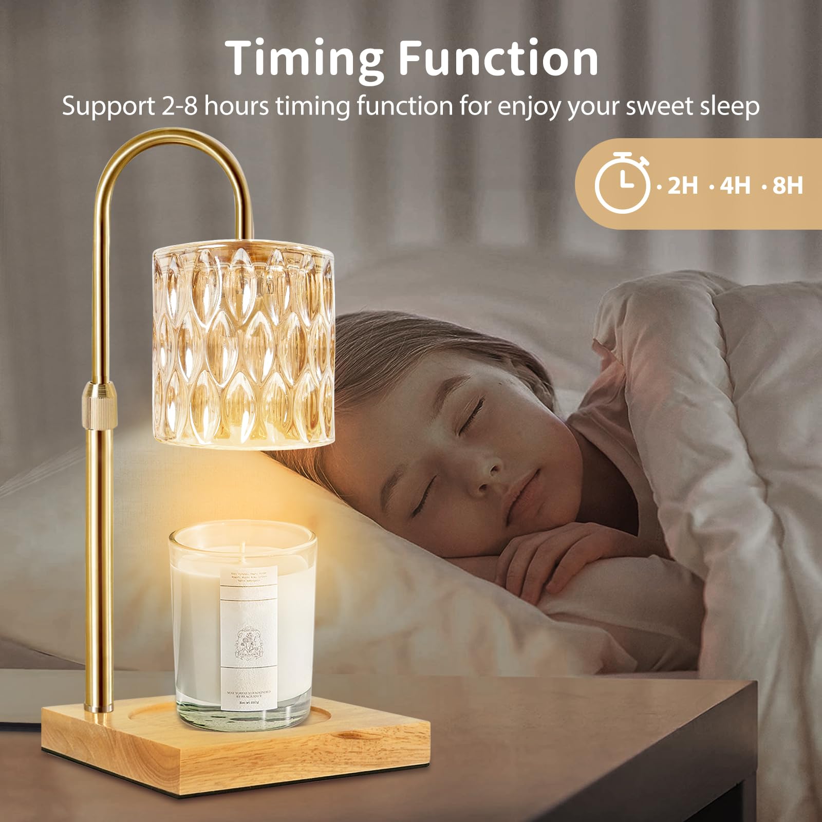 Adjustable Height Candle Warmer Lamp with Timer & Dimmable Function - Wooden Base Wax Melter for Jar Candles & Wax Melts - Includes 2 Bulbs - Perfect for Home Decor, Aromatherapy & Cozy Ambiance