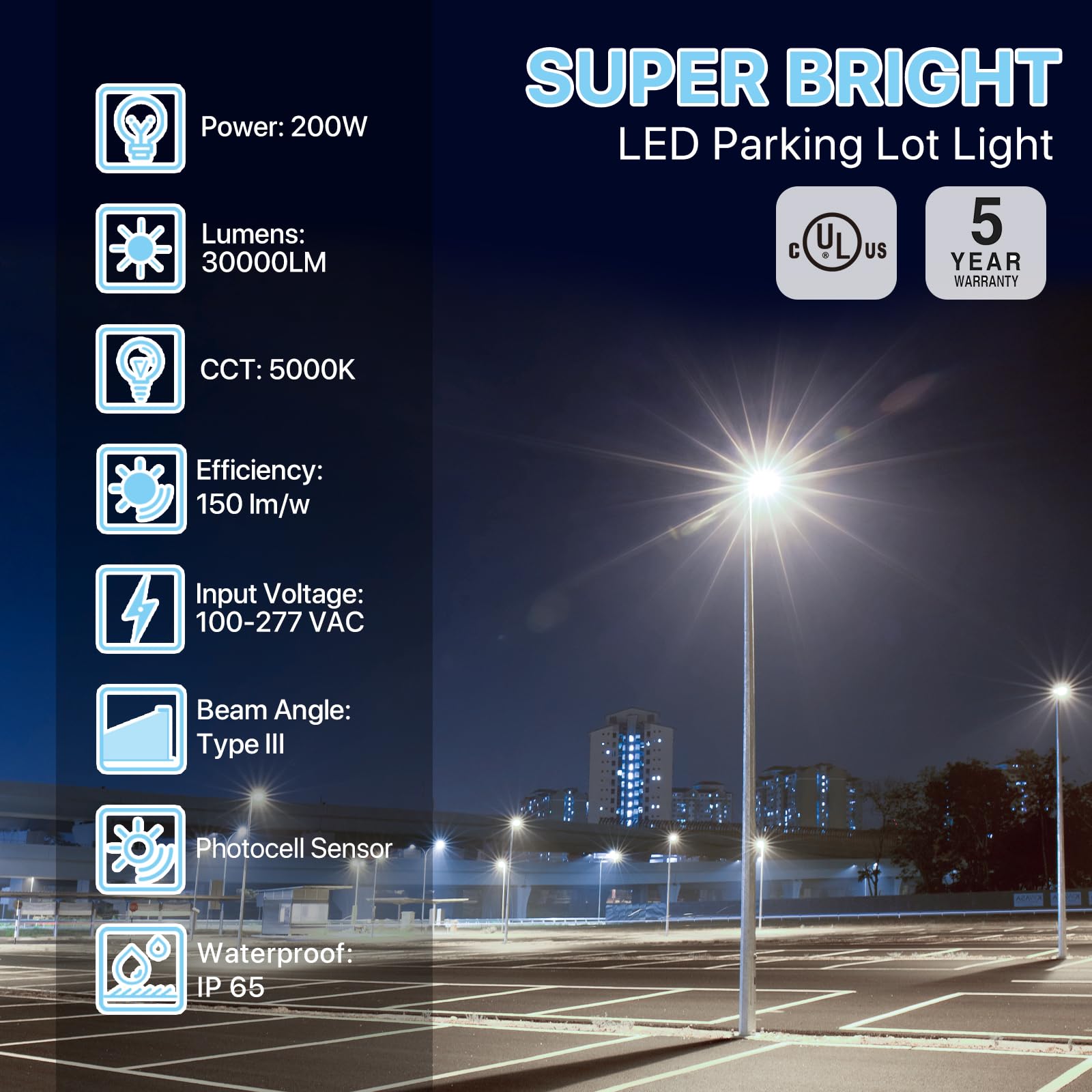 HYPERLITE 200W LED Parking Lot Lights with Dusk to Dawn Photocell - 5000K 30,000LM Commercial Outdoor Lighting - UL Certified IP65 Waterproof LED Pole Lights with Adjustable Slip Fitter Mounting - Ideal for Parking Lots, Gas Stations, Warehouses & Industrial Areas