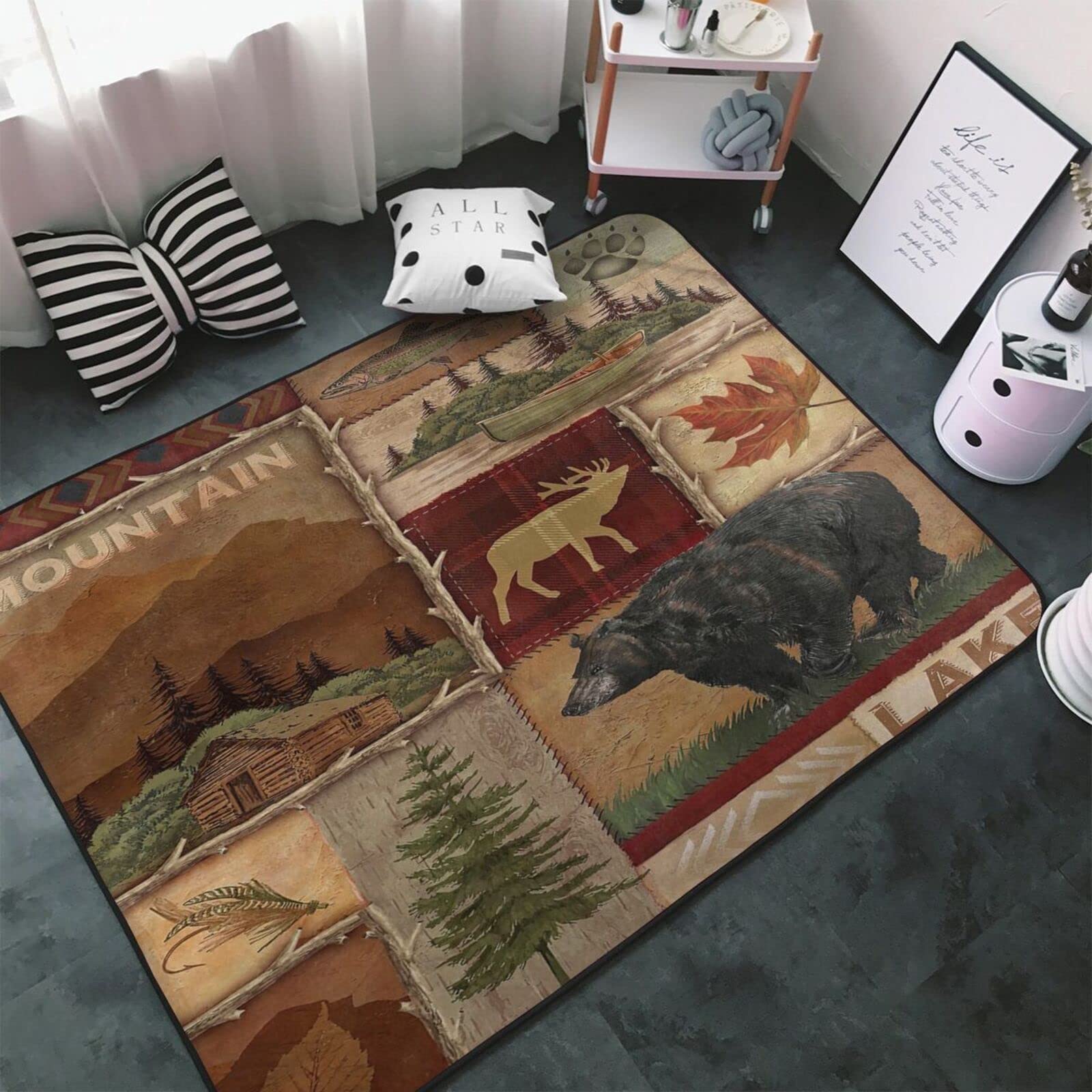 Lodge Bear Moose Deer Area Rug - Rustic Cabin Wildlife Soft Washable Carpet for Nursery, Bedroom & Living Room - 6.6' x 5.3' - Perfect for Kids Room Decor, Cabin Themed Home & Wildlife Lovers