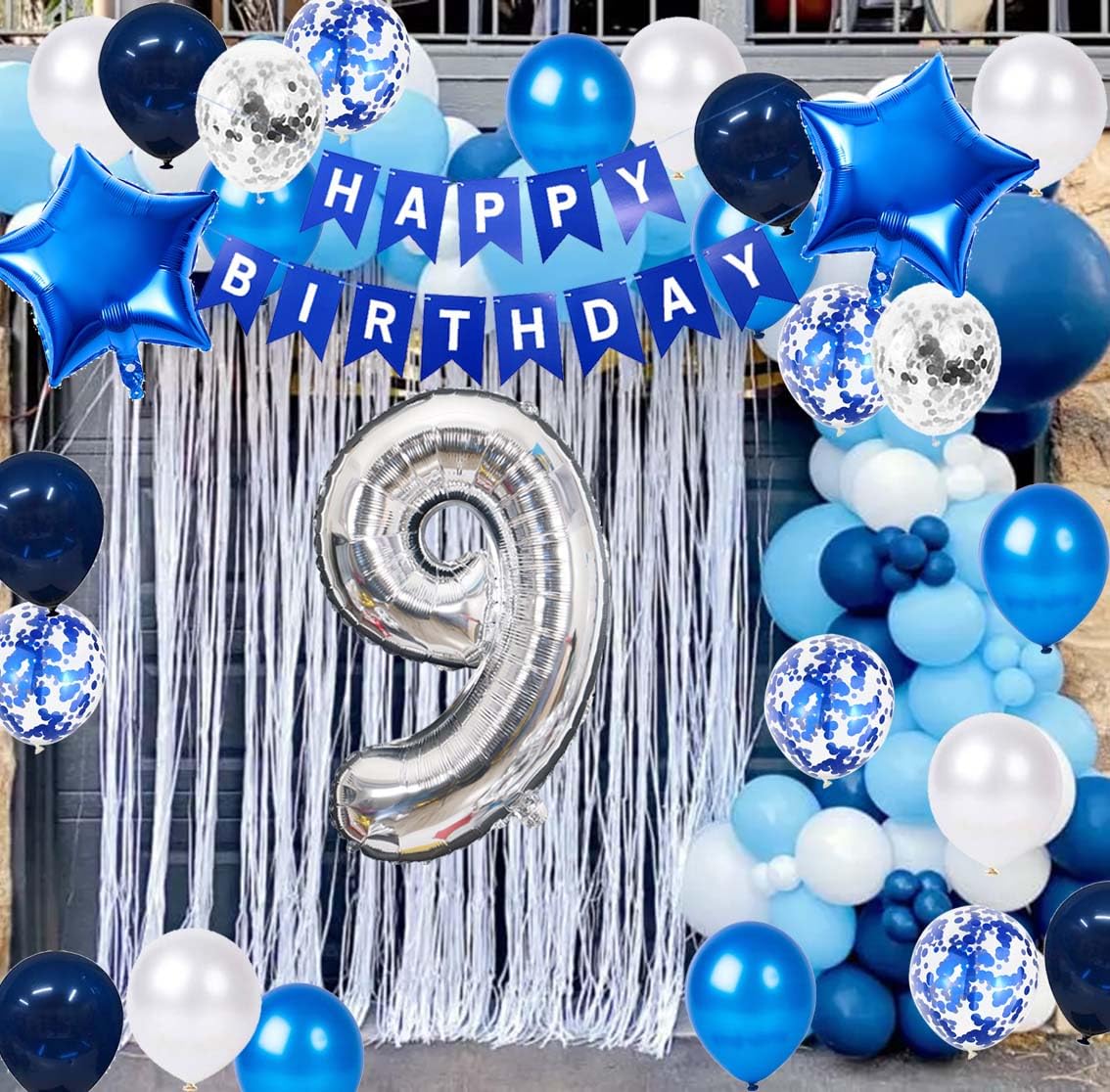 9th Birthday Party Decorations Set - Blue & Silver Star Foil Balloon, Happy Birthday Banner, Number 9 Balloon, Confetti Balloons for Boys 9th Birthday Party | Perfect for Indoor & Outdoor Celebrations, Birthday Photoshoots, and Gift Giving