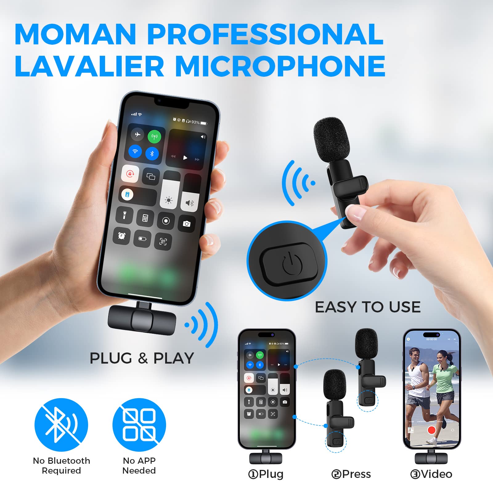 Moman Wireless Lavalier Microphone for iPhone 14/13/12/11/SE - 2 Pack Clip-On Mini Microphone for Video Recording, Vlogging, YouTube, TikTok, Interviews - Crystal Clear Sound for Content Creators & Live Streaming