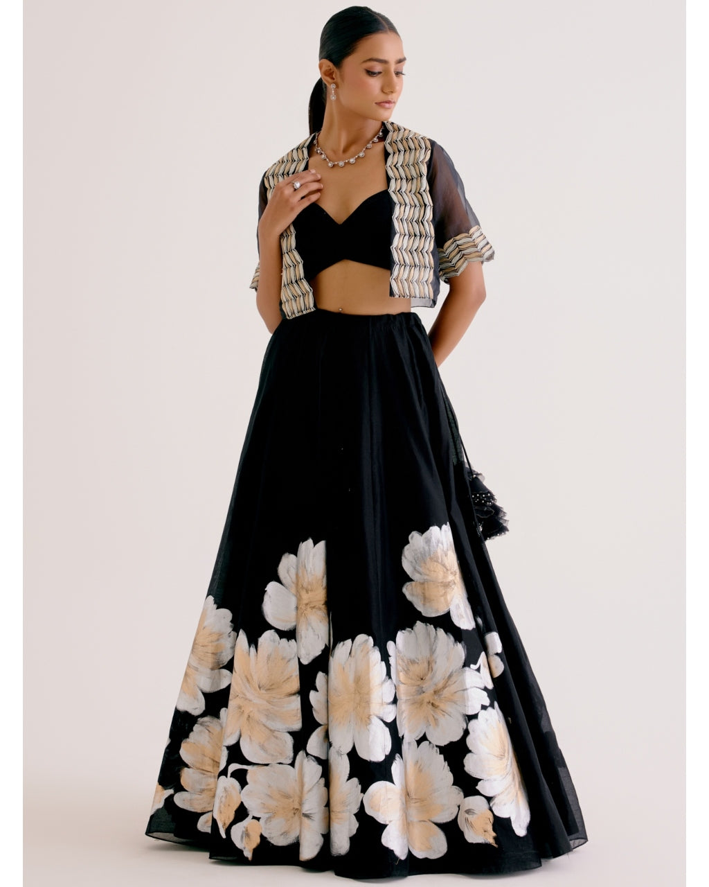 Hand-Painted Black Silk Chanderi Skirt and Cape Set - Elegant Indian Ethnic Outfit for Weddings, Parties & Special Occasions