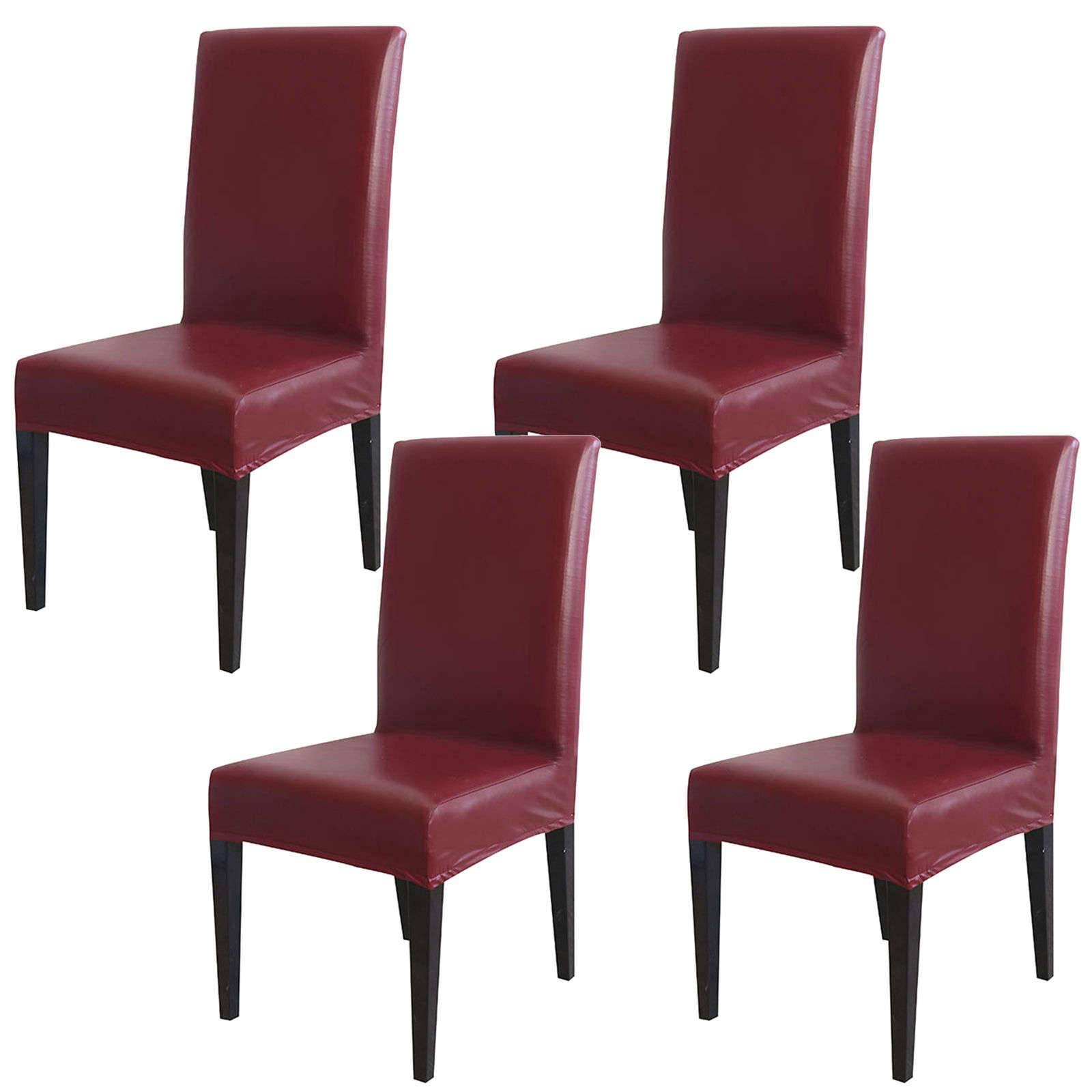 Stretch PU Leather Waterproof Chair Covers for Dining Room, Hotel, Wedding & Kitchen - Wine Red (4 Pack) - Perfect for Ceremonies, Parties & Home Decor