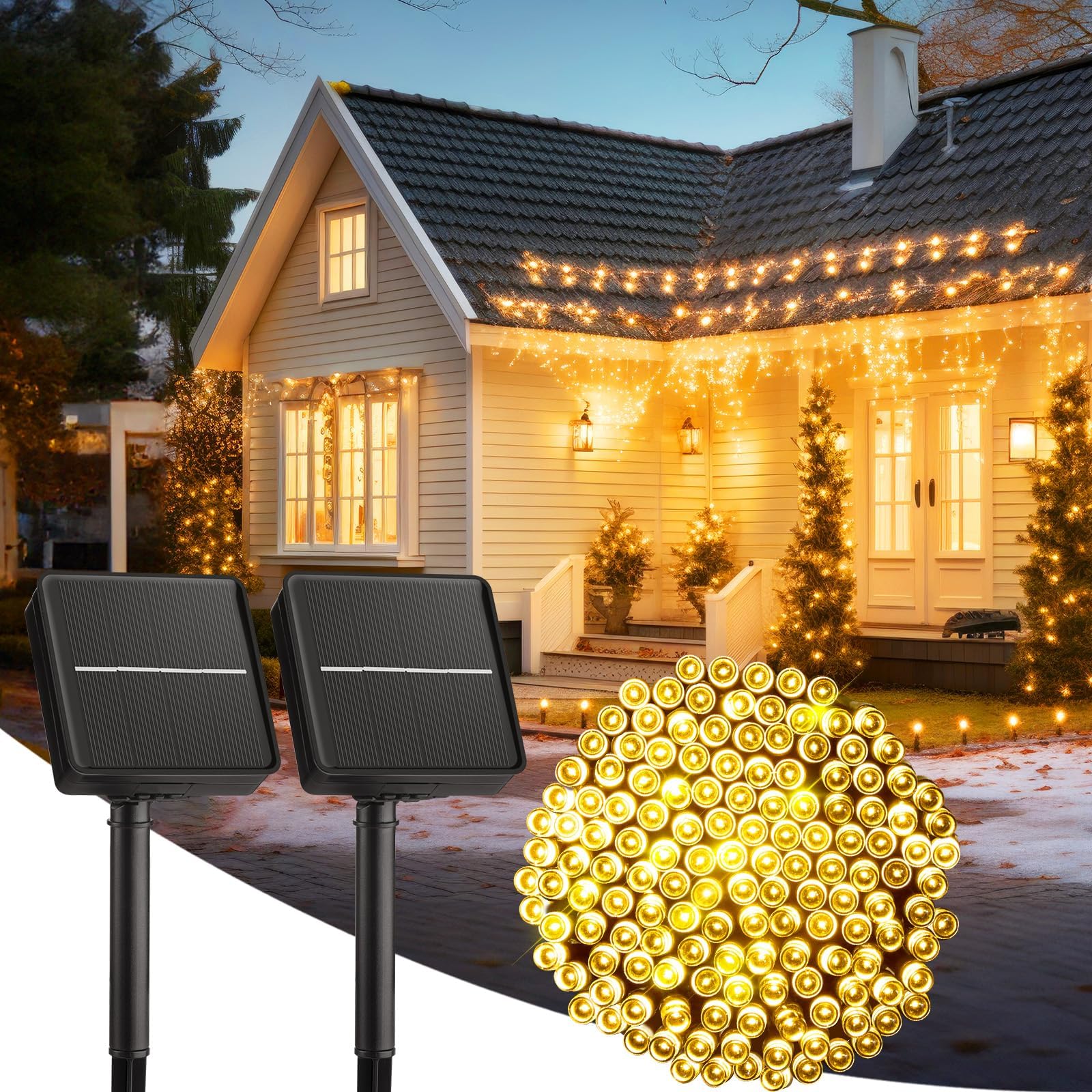 200LED Solar String Lights Outdoor, 2-Pack 78FT Waterproof IP65 Solar Powered Lights with 8 Lighting Modes - Perfect for Garden, Yard, Party, Holiday Tree & Patio Decoration (Warm White)