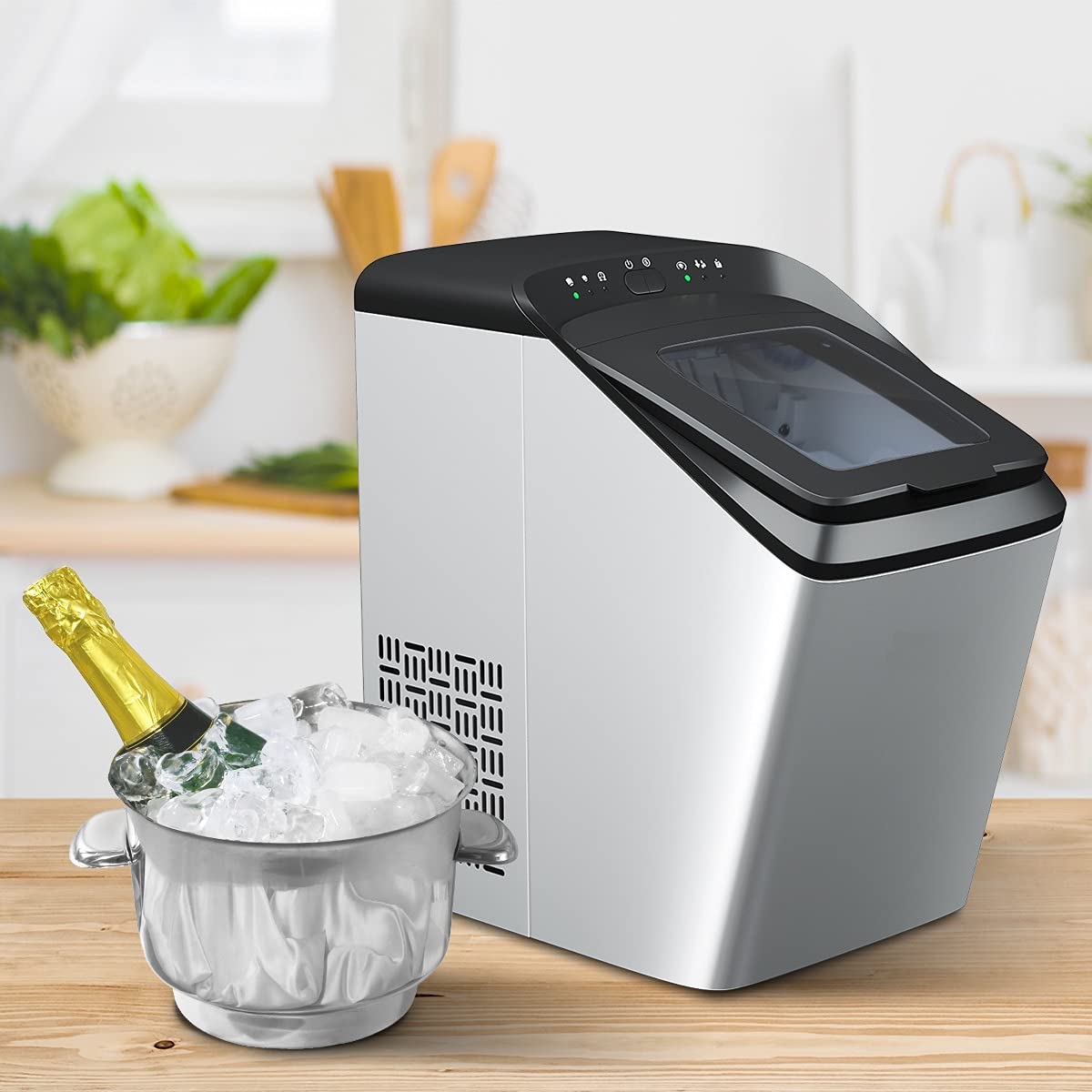 MAT EXPERT Stainless Steel Countertop Ice Maker - 33lbs/24H, Fast 7-Min Ice Making, Self-Cleaning Portable Ice Machine with Ice Scoop & Bucket - Perfect for Home Bars, Parties, Offices, and Outdoor Events