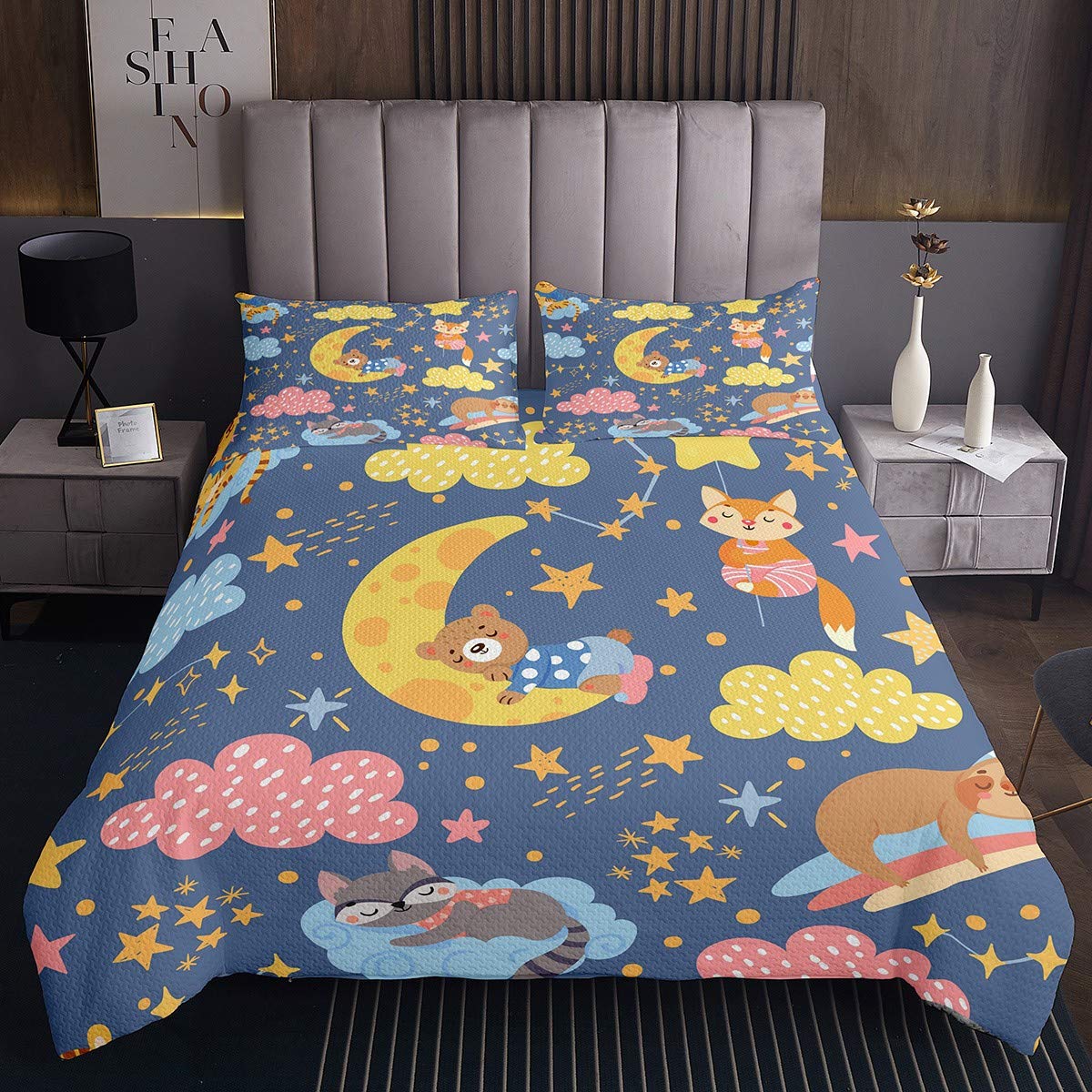 Sweet Dream Bear Twin Size Cartoon Fox Navy Blue Stars Cloud Microfiber Bedspread Quilt Set - Ultra Soft Lightweight Summer Comforter & All Season Bed Cover Blanket with Pillow Sham - Perfect for Kids' Bedrooms, Guest Rooms, and Cozy Home Decor