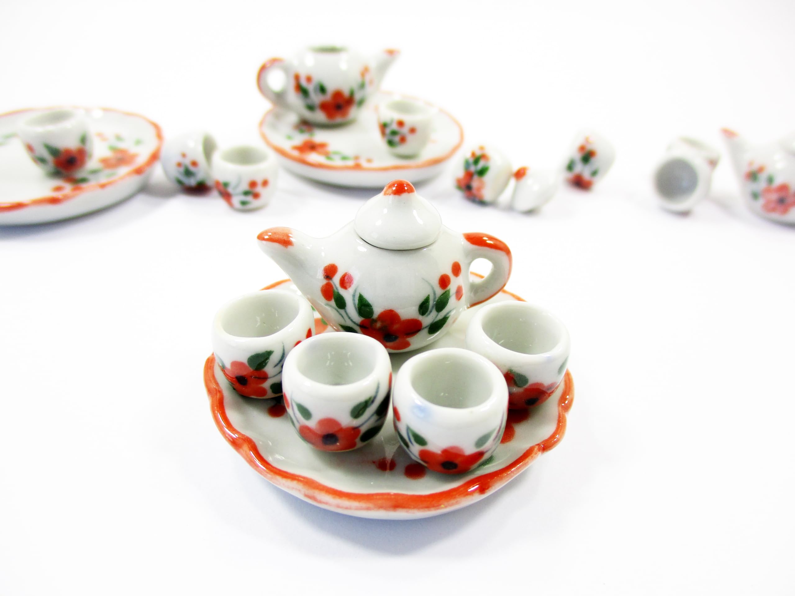 Miniature Ceramic Orange Flower Orchid Tea Cup & Tea Pot Set - Perfect for Dollhouse Decor, DIY Crafts, and Collectible Displays