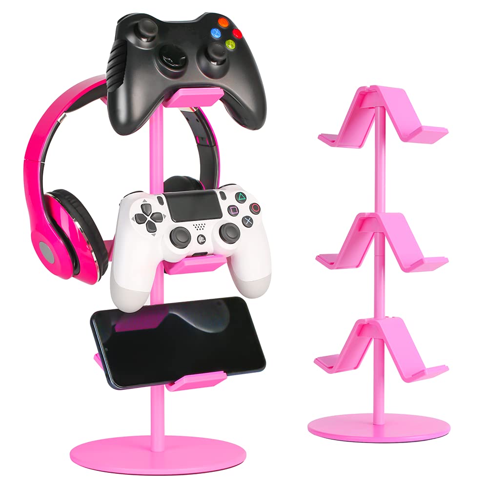 Pink Controller Holder & Headphone Stand - 3-Tier Adjustable Gaming Accessory Organizer for Xbox, PS4, PS5, Nintendo Switch - Perfect for Gaming Setup & Desk Organization (Cute Pink)