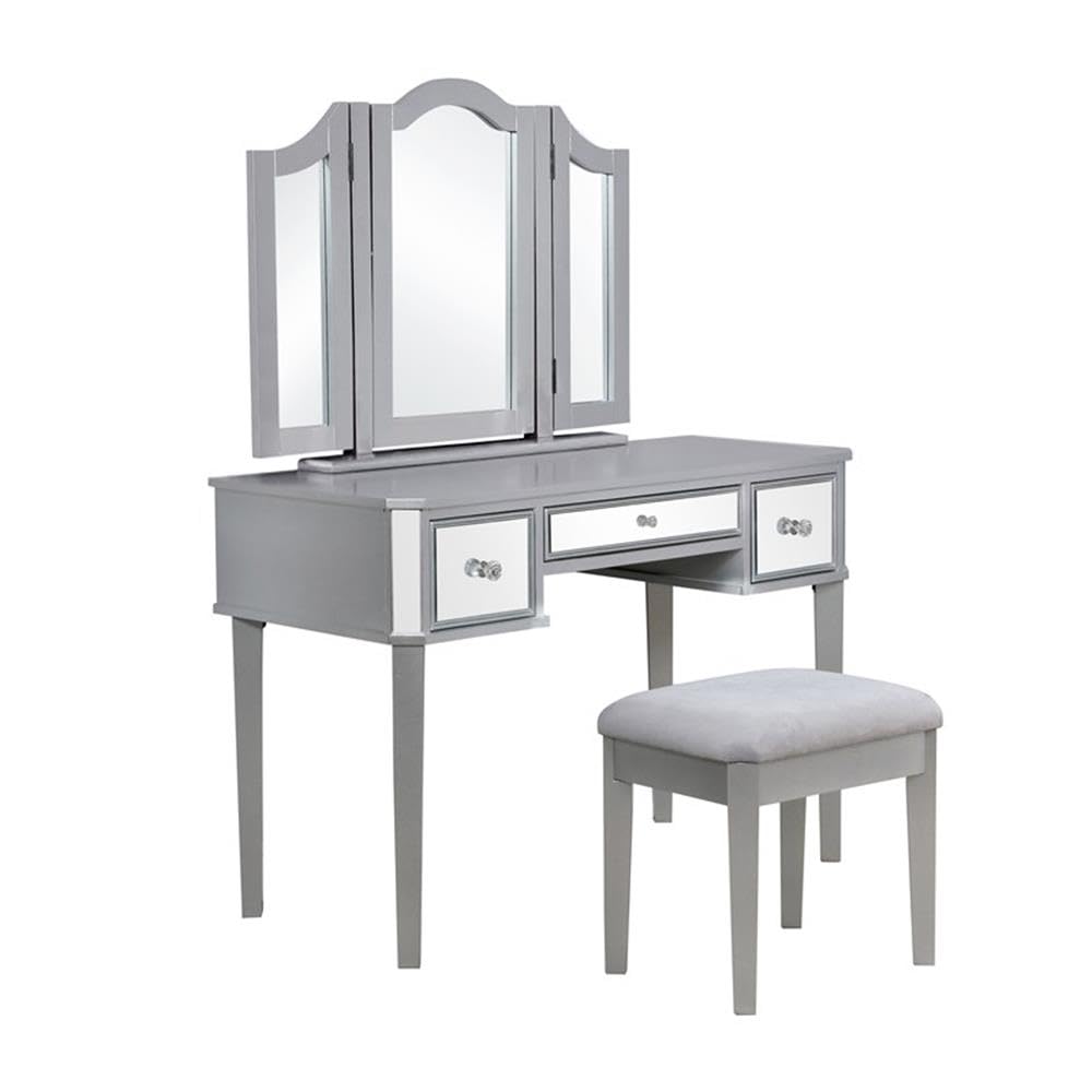Furniture of America Buete Contemporary Wood 3-Piece Vanity Set in Silver - Modern Dressing Table with Stool & Mirror for Bedroom Makeup & Styling