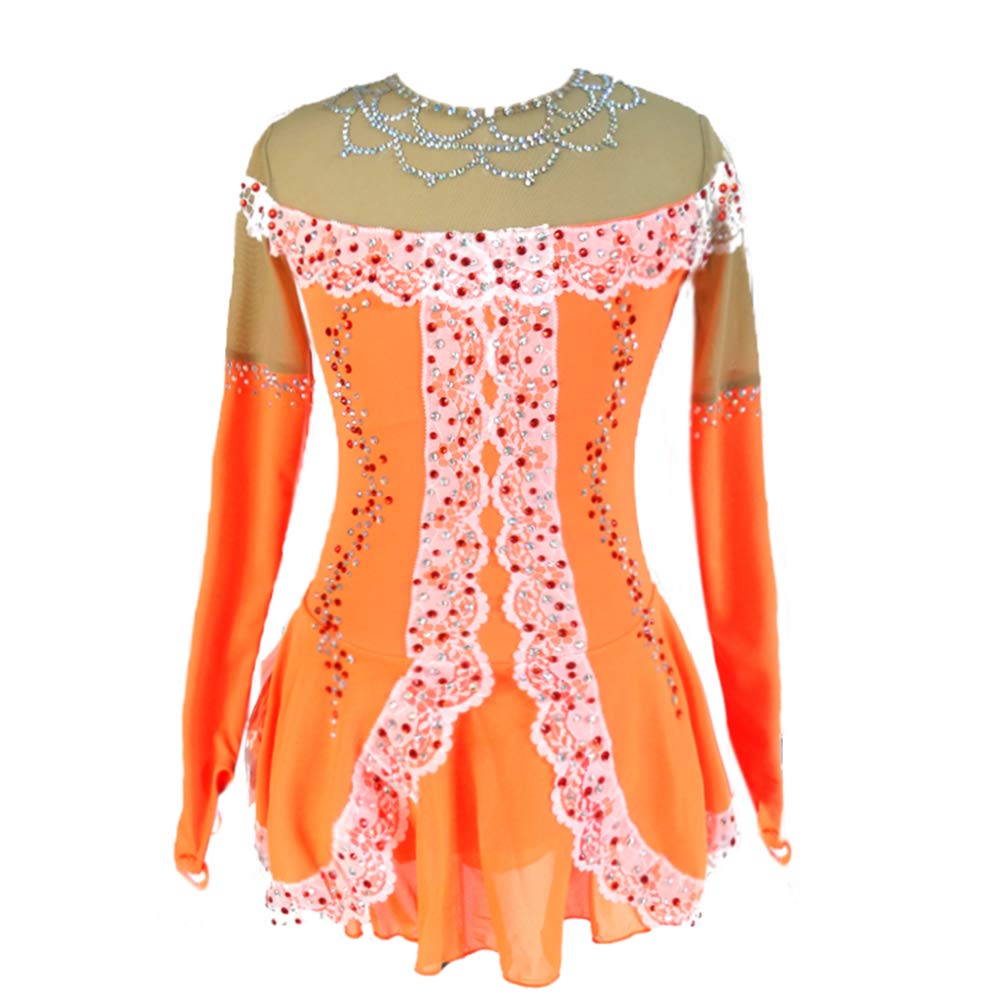 Girls Ice Figure Skating Dress - Long Sleeve Beaded Performance Costume in Orange | Perfect for Competitions, Shows & Dance Recitals