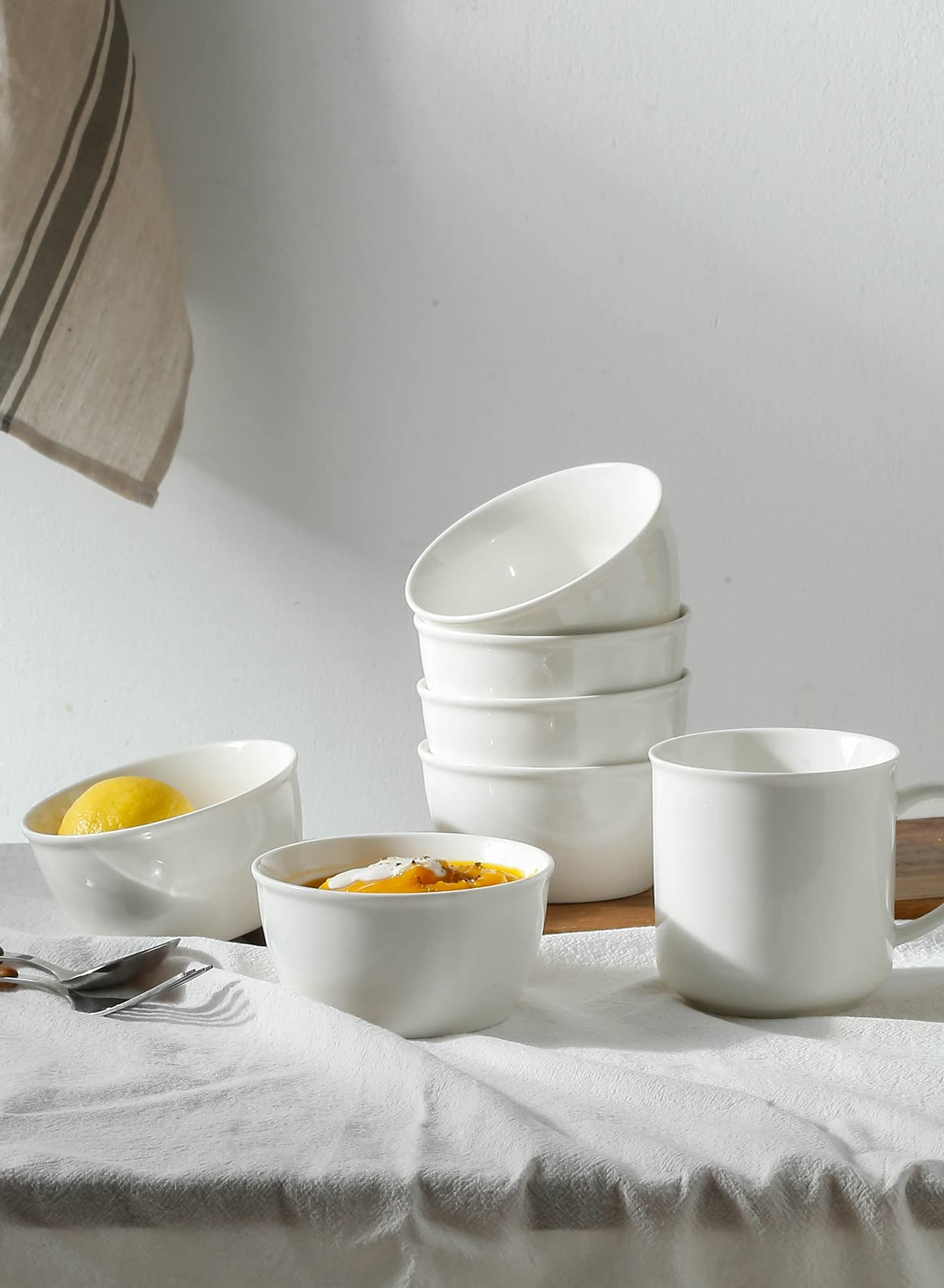 Onniyor 6-Piece Ceramic Cereal Bowl Set - 10oz Ramekins for Oatmeal, Desserts, Soup, Pasta & Salad - Versatile Kitchen Serving Bowls for Dipping, Rice & More (White) - Perfect for Breakfast, Dining & Entertaining