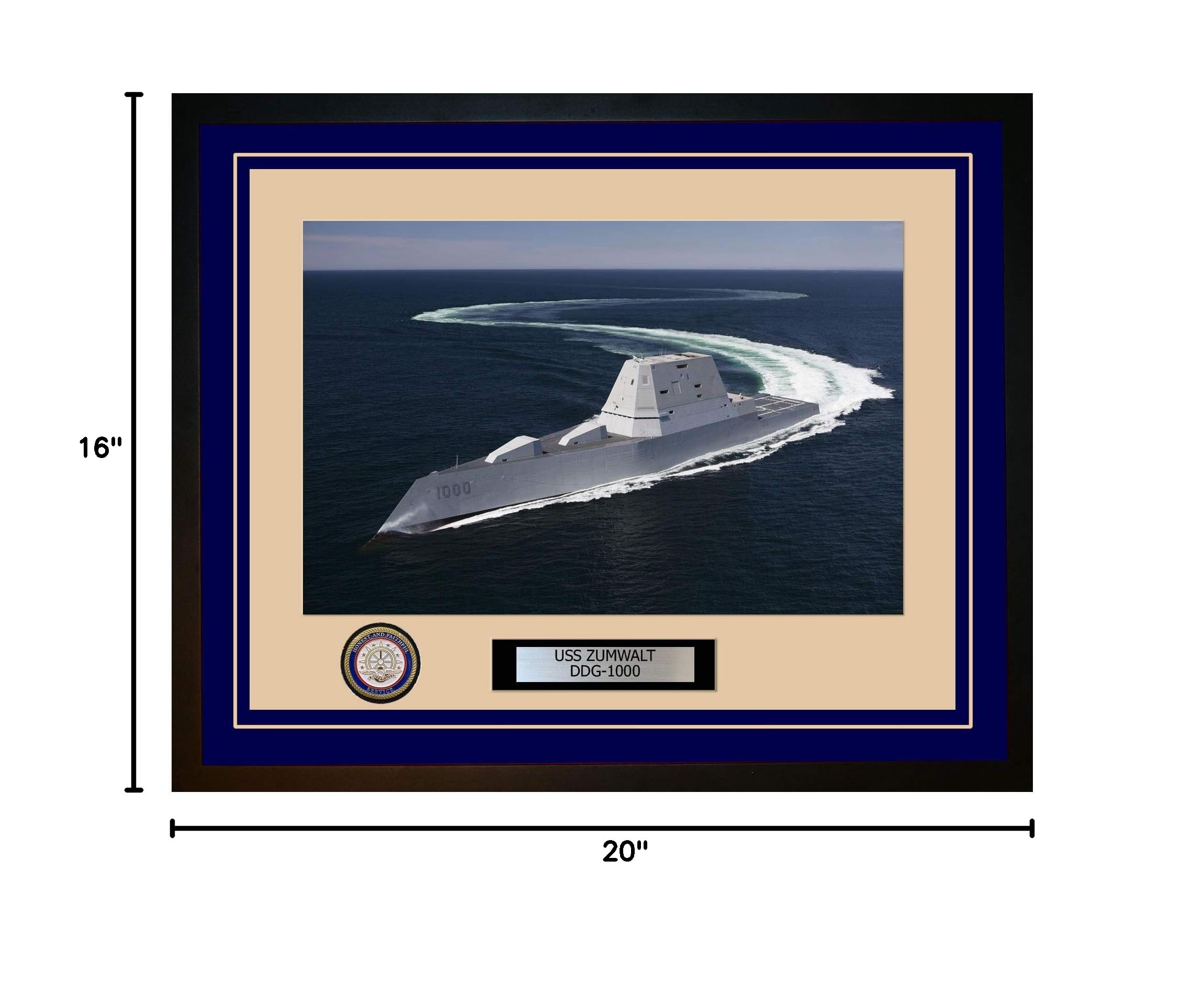 USS Zumwalt DDG-1000 Navy Destroyer Framed Photo Print - Premium Blue Wall Art for Military Enthusiasts & Navy Veterans - Perfect for Home Office, Man Cave, or Military Memorabilia Collection