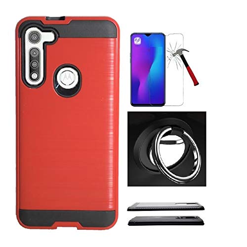 Shockproof Slim Brushed Texture Phone Case for Motorola Moto G Fast with Tempered Glass Screen Protector - Compatible Protective Cover with Ring Stand & Kickstand (Red) | Perfect for Outdoor Activities, Work & Daily Use