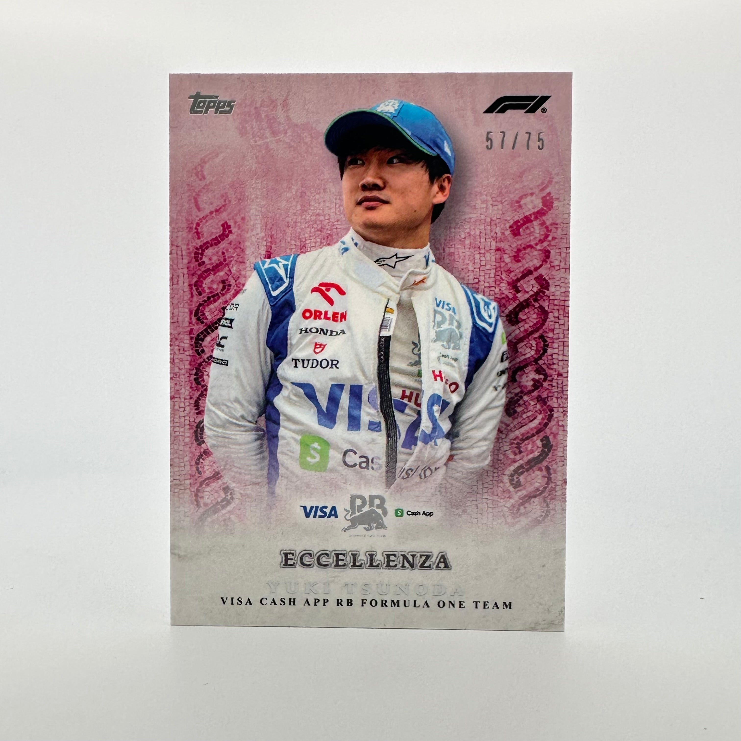 2024 Topps Eccellenza F1 Yuki Tsunoda #57/75 Pink Racing Driver Card - Perfect for F1 Collectors and Motorsport Memorabilia Enthusiasts