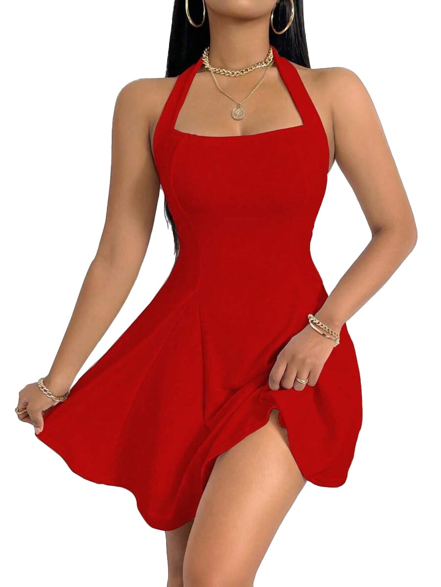 Narecte Women's Sexy Halter Neck Backless A-Line Mini Dress - Summer Casual Cute Dress for Beach, Party & Date Night