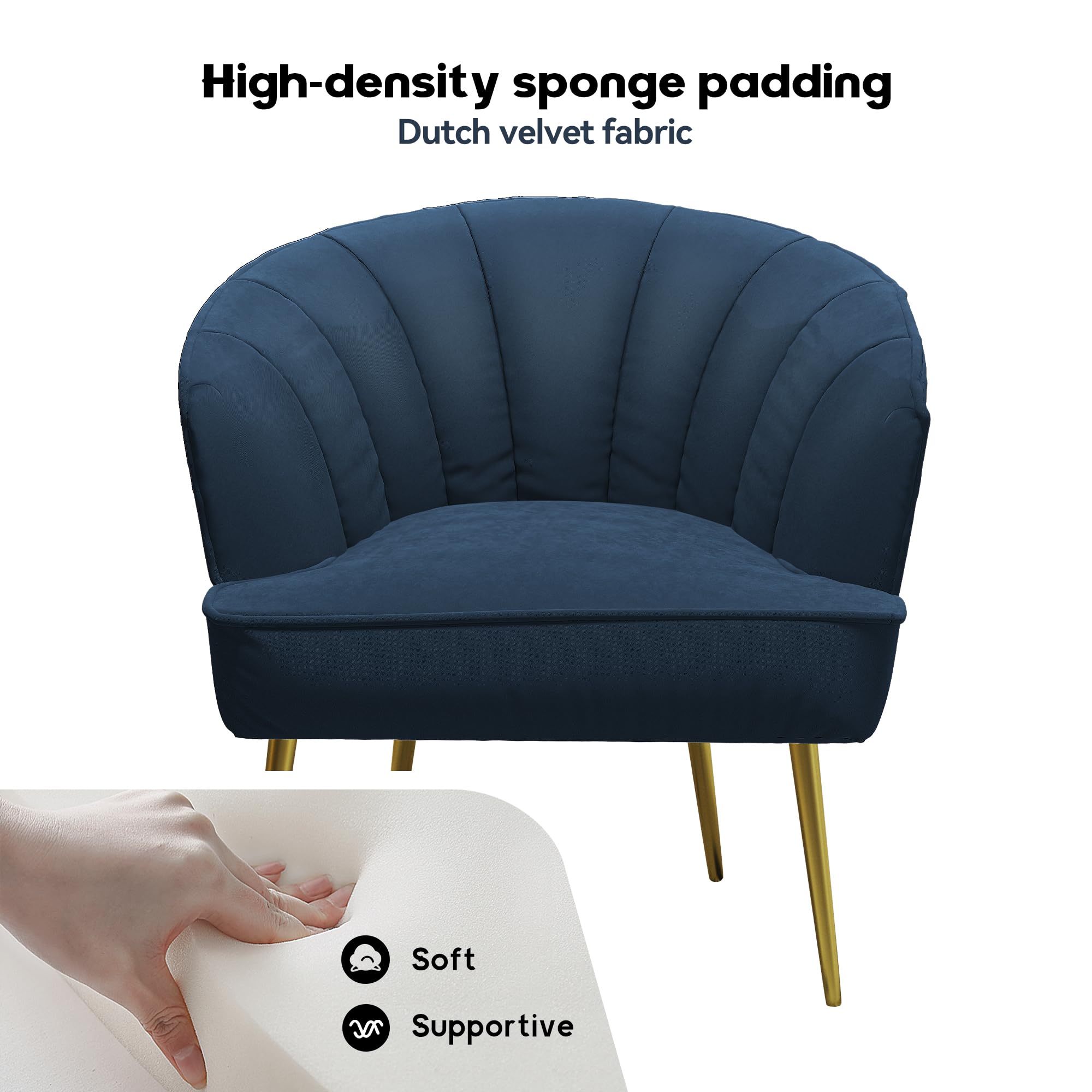 Modern Velvet Lounge Chair with Golden Metal Legs - Blue Accent Side Chair for Living Room, Bedroom, Dressing Room & Home Office - Perfect for Relaxing, Reading & Decorating Your Space