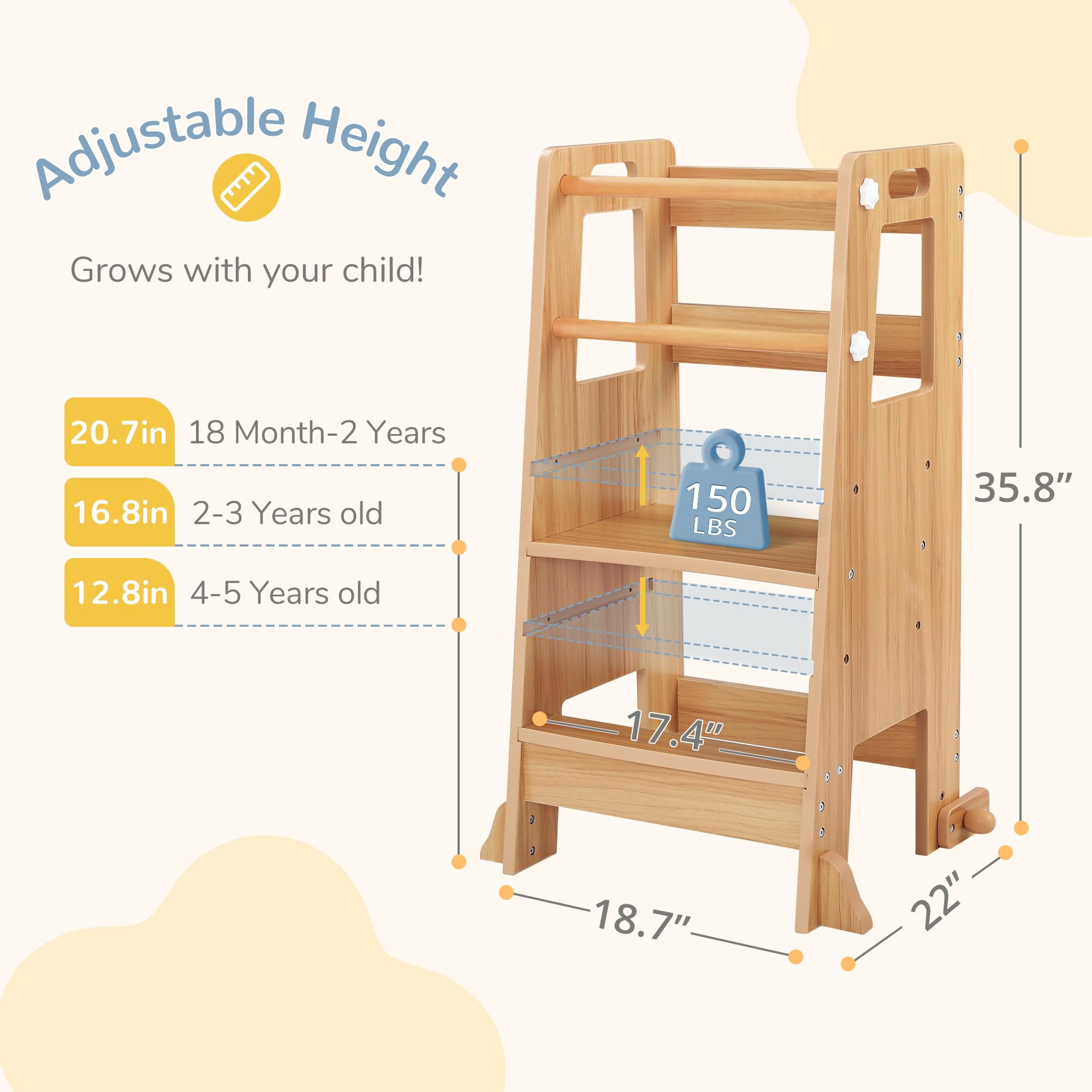 Adjustable Toddler Step Stool with Safety Rails - Kids Kitchen Helper Tower for Learning & Play - Perfect for Bathroom, Bedroom, Kitchen Counter & Playroom - Dark Natural Wood Finish