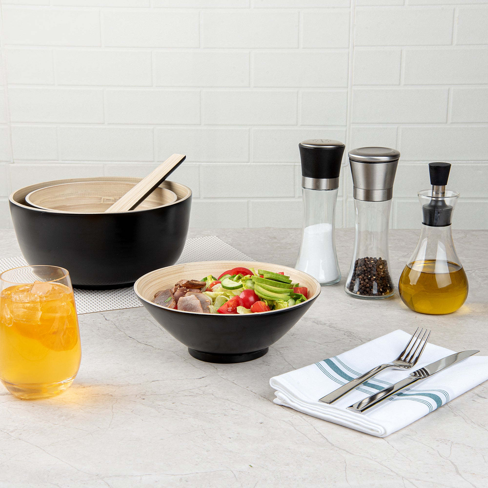 Bambuddha 29 oz Round Black Spun Bamboo Serving Bowl - 8.25