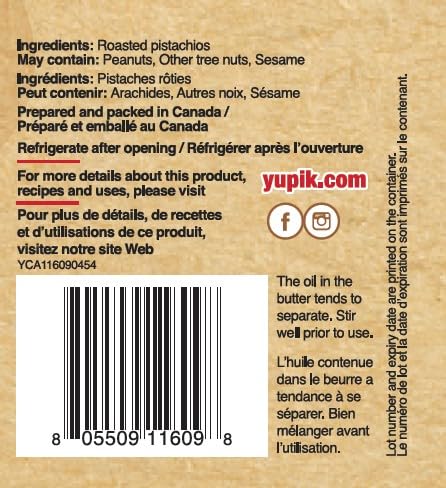 Yupik Natural Pistachio Butter - 16oz (454g) | Kosher, Gluten-Free, Non-GMO, Unsweetened Nut Spread | Pure Pistachios, No Sugar or Additives | High Fiber, Smooth Texture | Perfect for Toast, Smoothies, Baking & Healthy Snacks