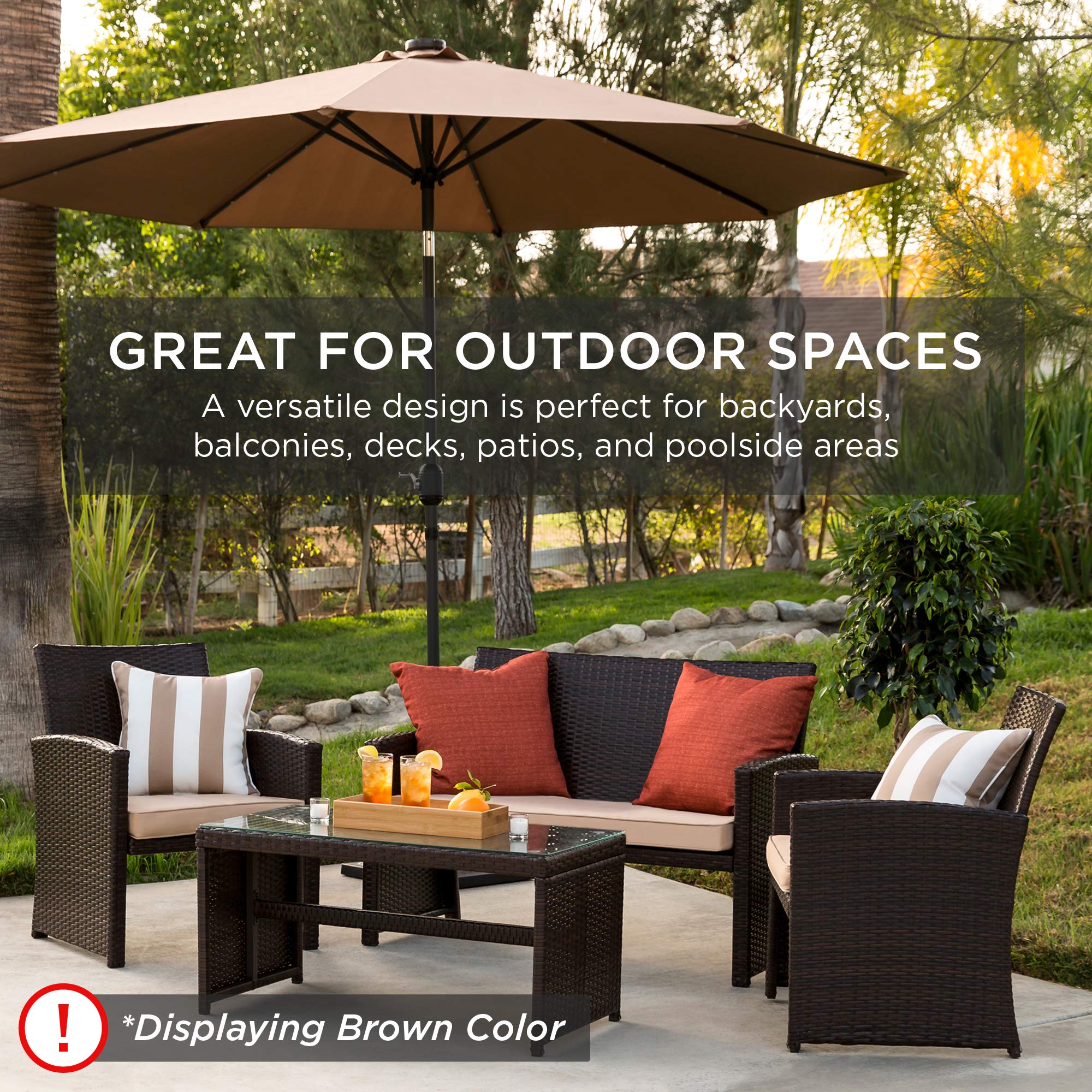 Best Choice Products 4-Piece Outdoor Wicker Patio Conversation Set with Coffee Table & Cushions - Brown/Red - Perfect for Backyard, Garden, and Poolside Relaxation