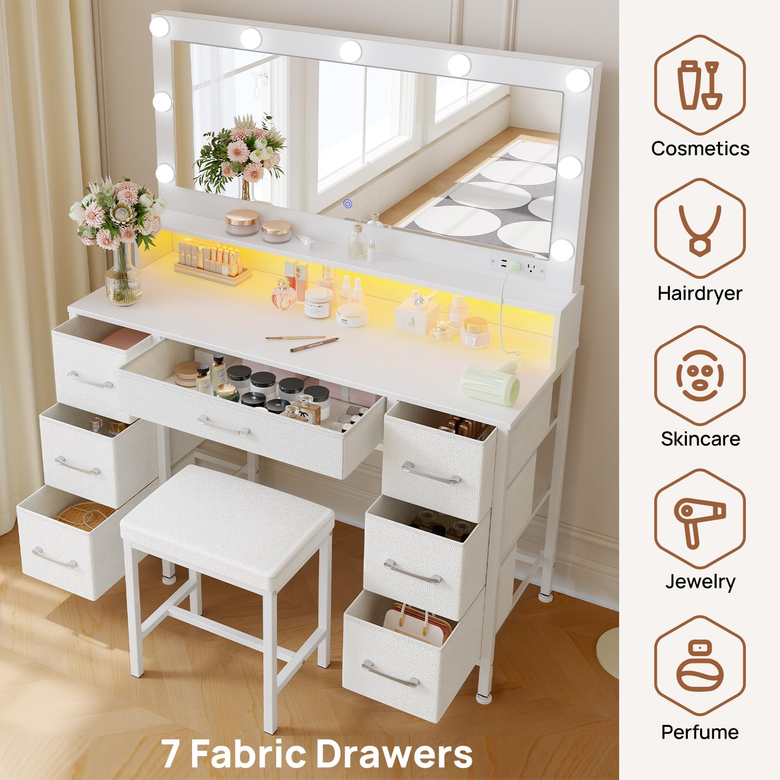 Rolanstar White Vanity Desk with Mirror & LED Lights - Makeup Vanity Set with Upholstered Stool, 7 Fabric Drawers, 9 Dimmable Bulbs & Power Outlets - Bedroom Vanity with RGB Strip Lights for Makeup, Dressing & Home Decor