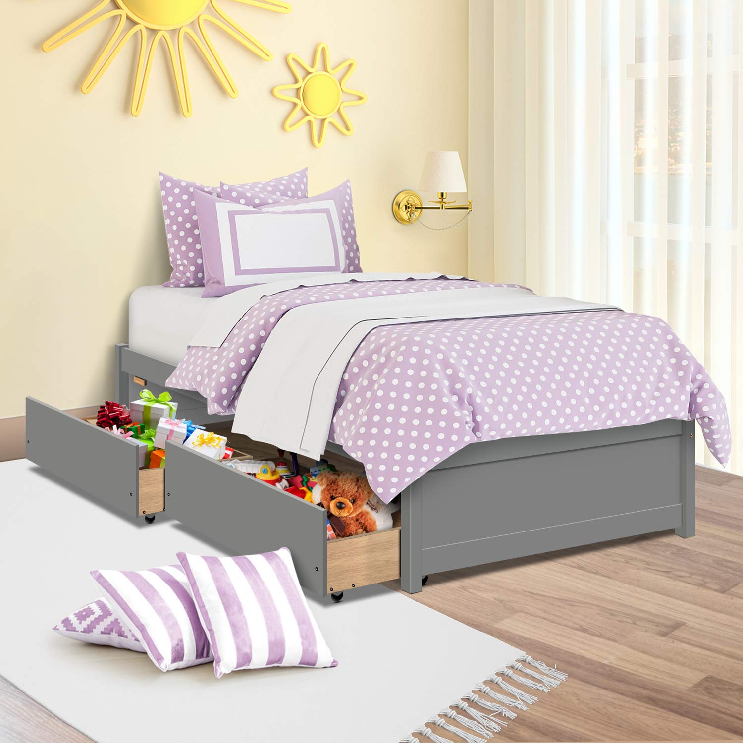 LUKDOF Twin Size Wooden Platform Bed Frame with 2 Storage Drawers - Space-Saving Captain's Bed for Kids, Guest Rooms & Sleepovers (Gray)