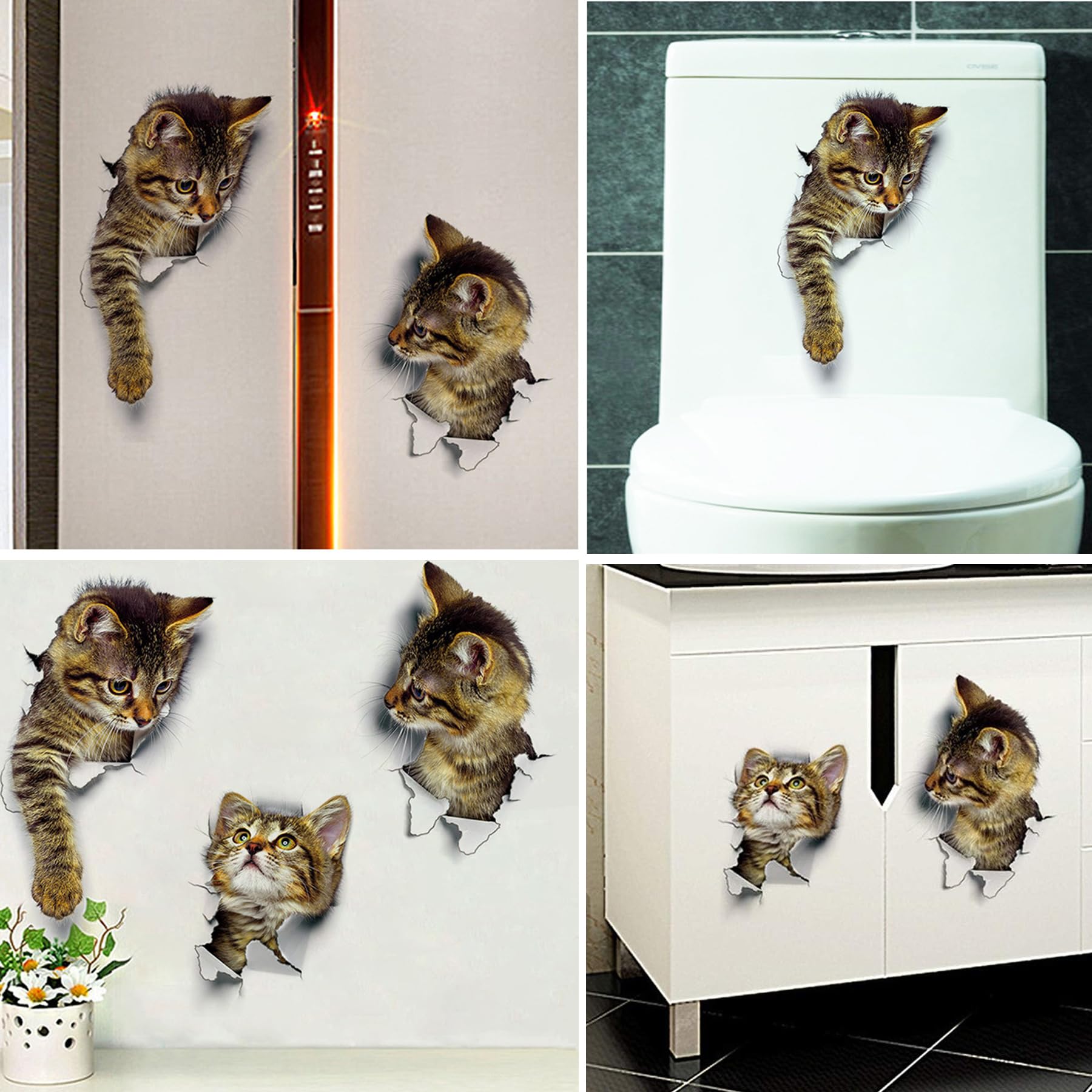 3D Realistic Cat Wall Stickers - 6 Pack Cute Toilet Lid Decals, Waterproof Bathroom Decor for Home & Office - Perfect for Pet Lovers, Kids Rooms & DIY Projects
