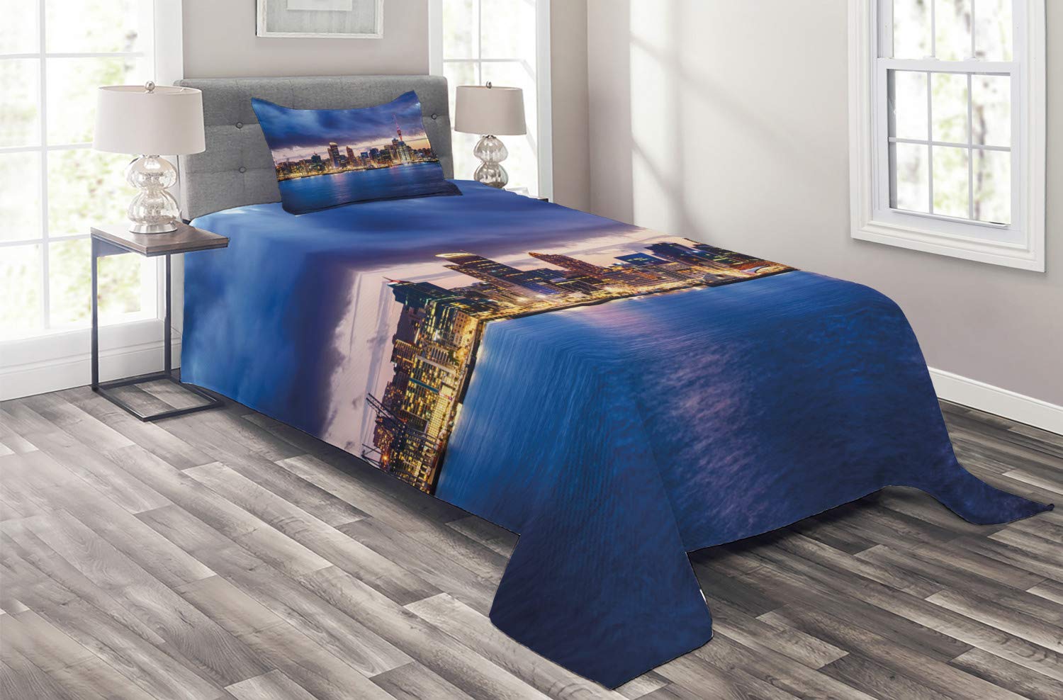 Ambesonne New Zealand Auckland Waterfront Travel Themed 2-Piece Quilted Bedspread Set with Pillow Sham - Twin Size Navy Blue & Pale Yellow - Perfect for Coastal Decor & Guest Bedrooms