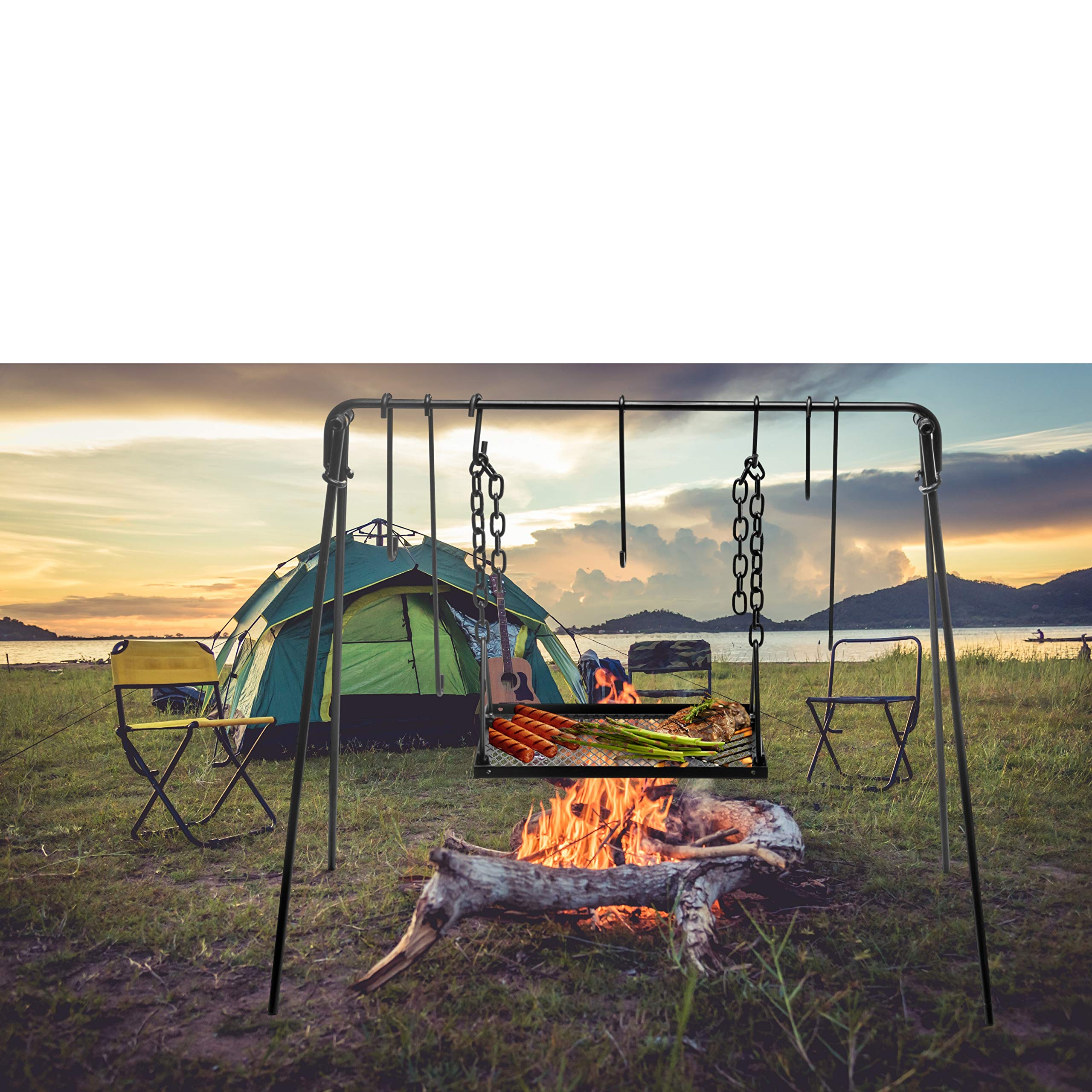 Bruntmor Adjustable Campfire Grill Stand - Portable Swing Cooking Tripod for Dutch Oven & BBQ, Collapsible Legs with Hooks, Accessories & Carry Case (Black) - Perfect for Outdoor Camping, Backyard Grilling and Picnic Cooking