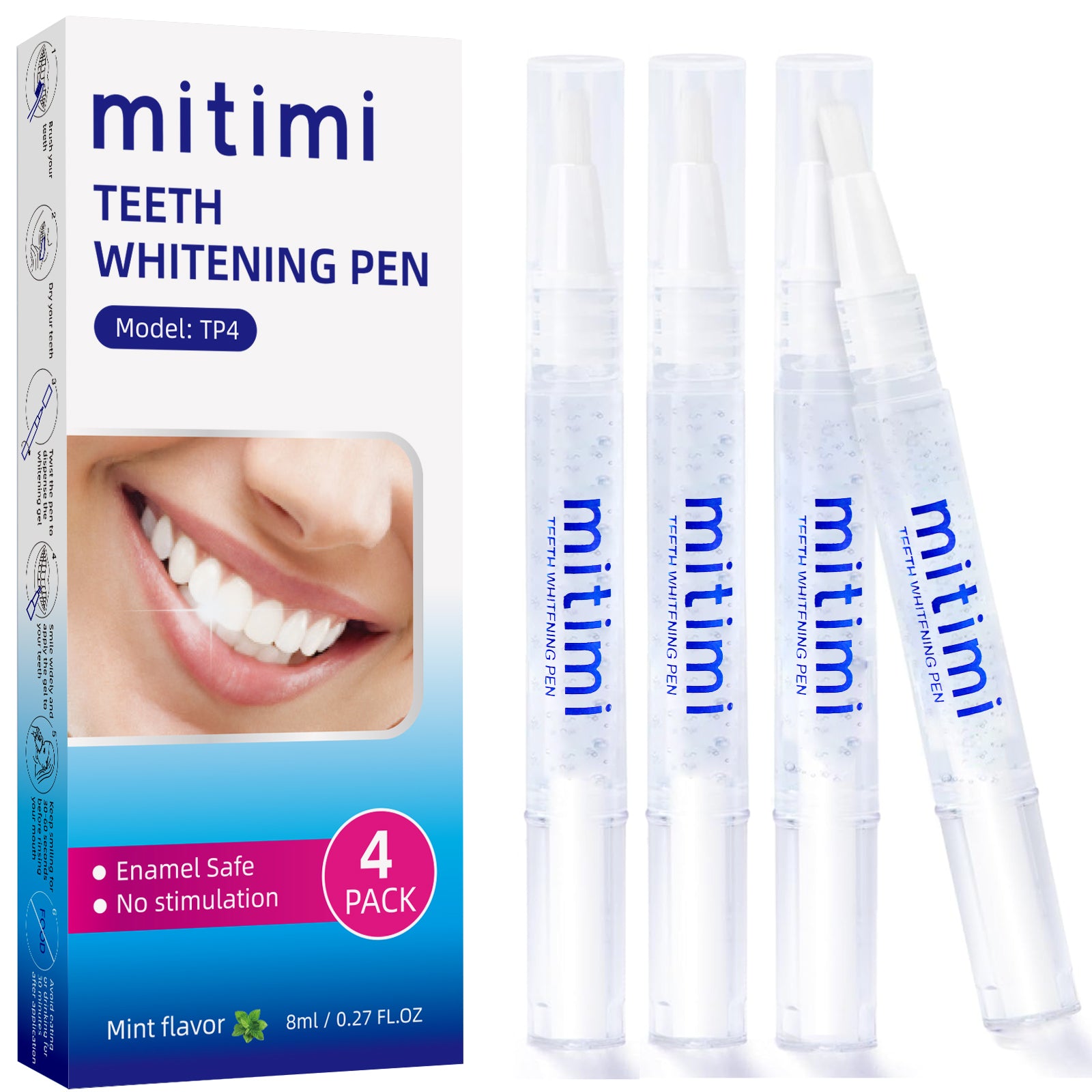 Mitimi Teeth Whitening Pens (4 Pack) - Painless, No Sensitivity, Travel Friendly, Mint Flavor - Brighten Smile for Travel, Work & Special Occasions