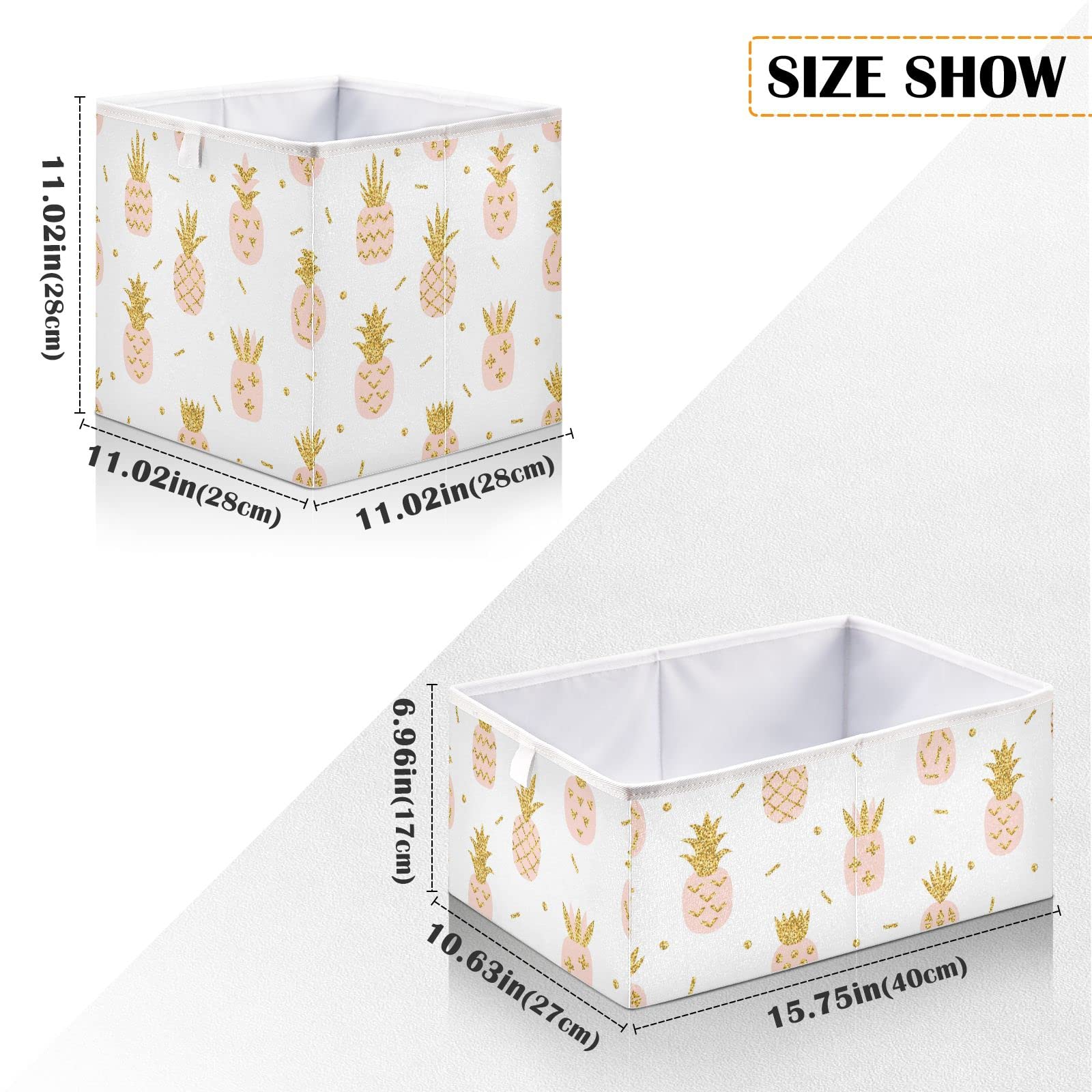 DOMIKING Pink Pineapple Gold Foldable Fabric Storage Bins - 11 Inch Closet Organizer Baskets with Sturdy Handles for Bedroom, Shelves & Cubes | Perfect for Clothes, Toys & Home Organization