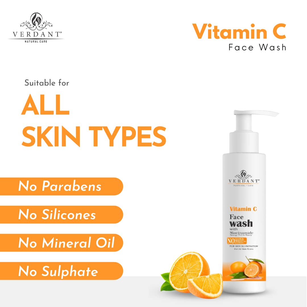 Verdant Natural Care Vitamin C Face Wash 100ml - Brightening & Antioxidant Facial Cleanser for Glowing Skin | Daily Skincare Routine, Morning & Night Use