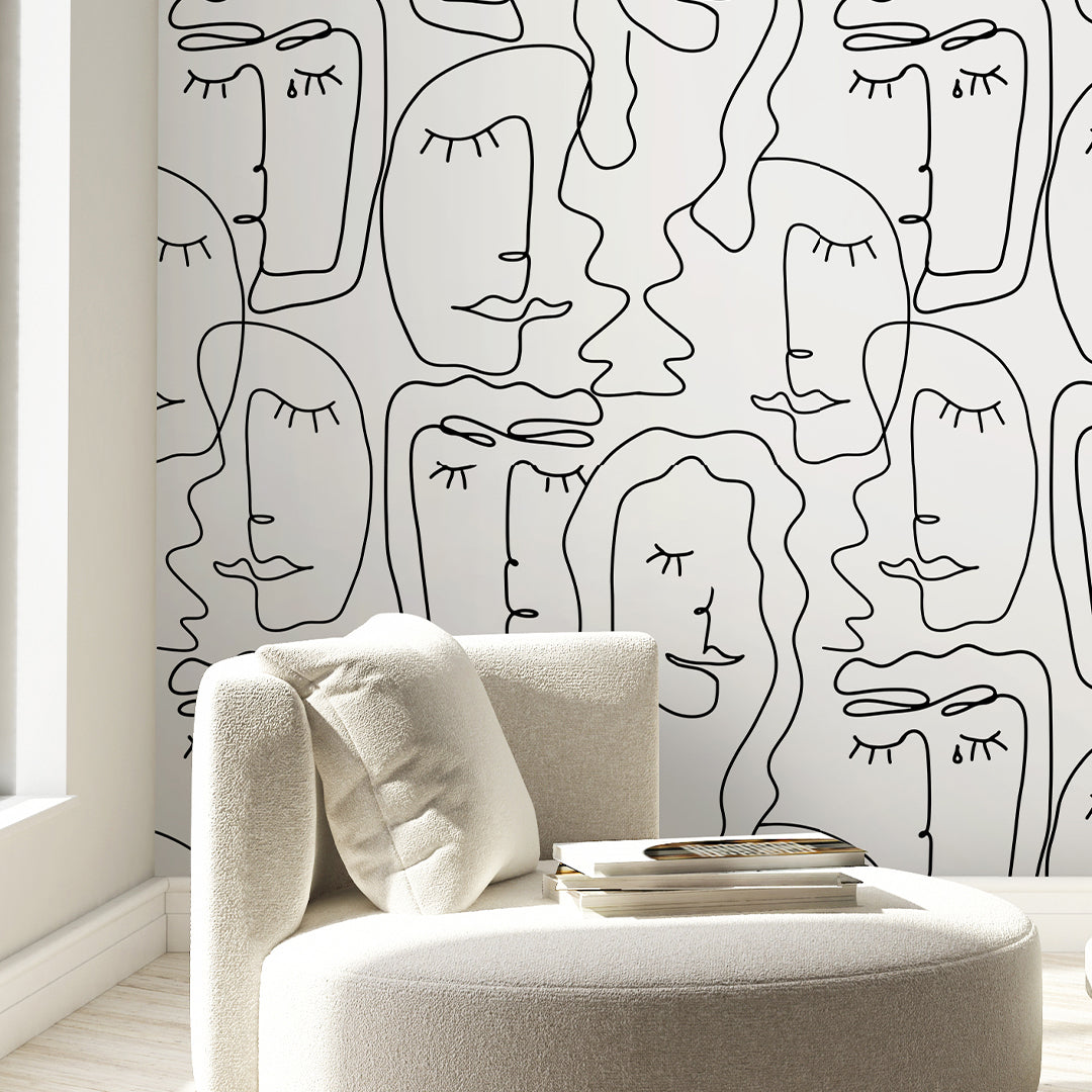 Black & White Abstract Female Face Wallpaper CC309 - Modern Art Home Decor for Living Room, Bedroom & Office