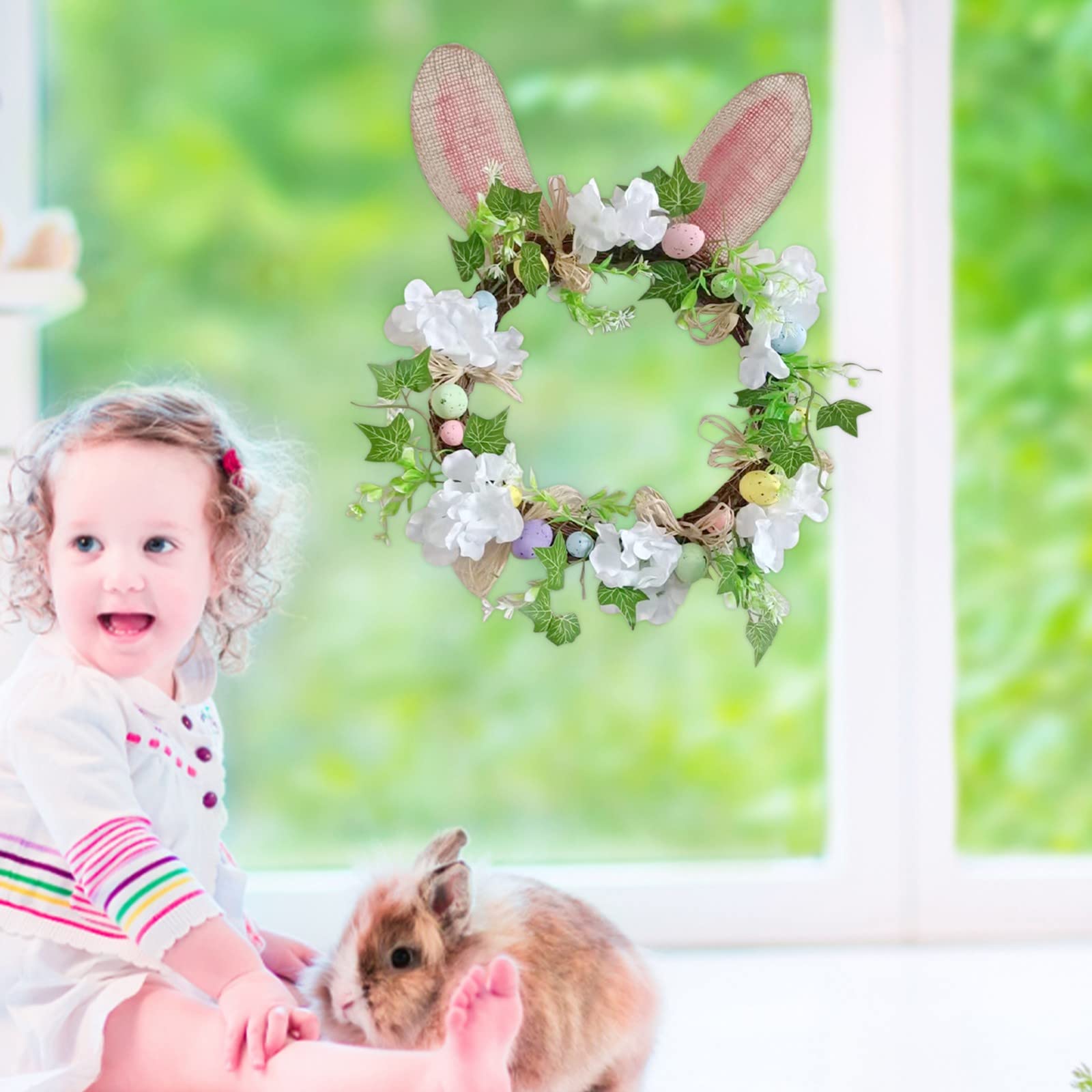 Easter Bunny Wreath for Front Door - Artificial Lavender Rabbit Wreath with Green Leaves, Spring Summer Fall Wall Hanging Decor - Perfect for Easter Home Decor, Front Porch Decoration, and Seasonal Door Wreath