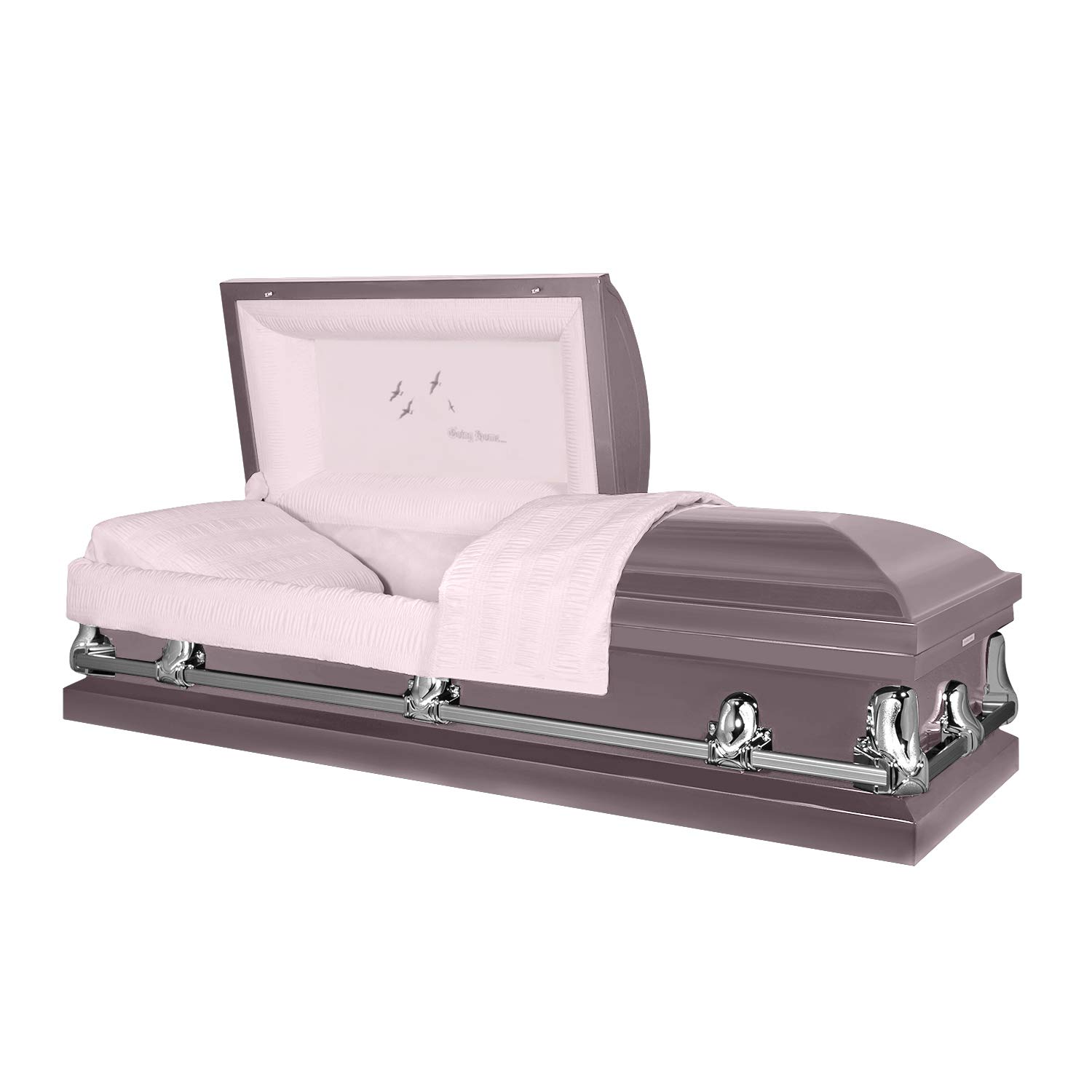 Handcrafted Titan Casket Orion Panel Funeral Casket - Orchid Exterior with Pink Crepe Interior & 'Going Home' Head Panel | Premium Burial Casket for Memorial Services & Funeral Homes