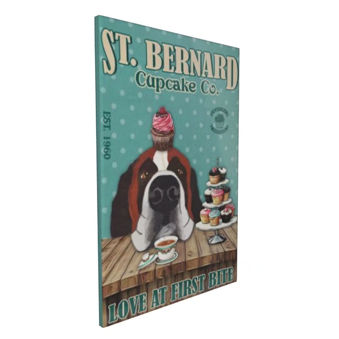 St Bernard and Cupcakes Canvas Painting - 'Love at First Bite' Wall Art Decor - 16x20 Inch Printed Canvas for Living Room, Bedroom - Perfect Gift for Dog Lovers & Home Decoration (Pet-Themed Artwork for Cozy Spaces)