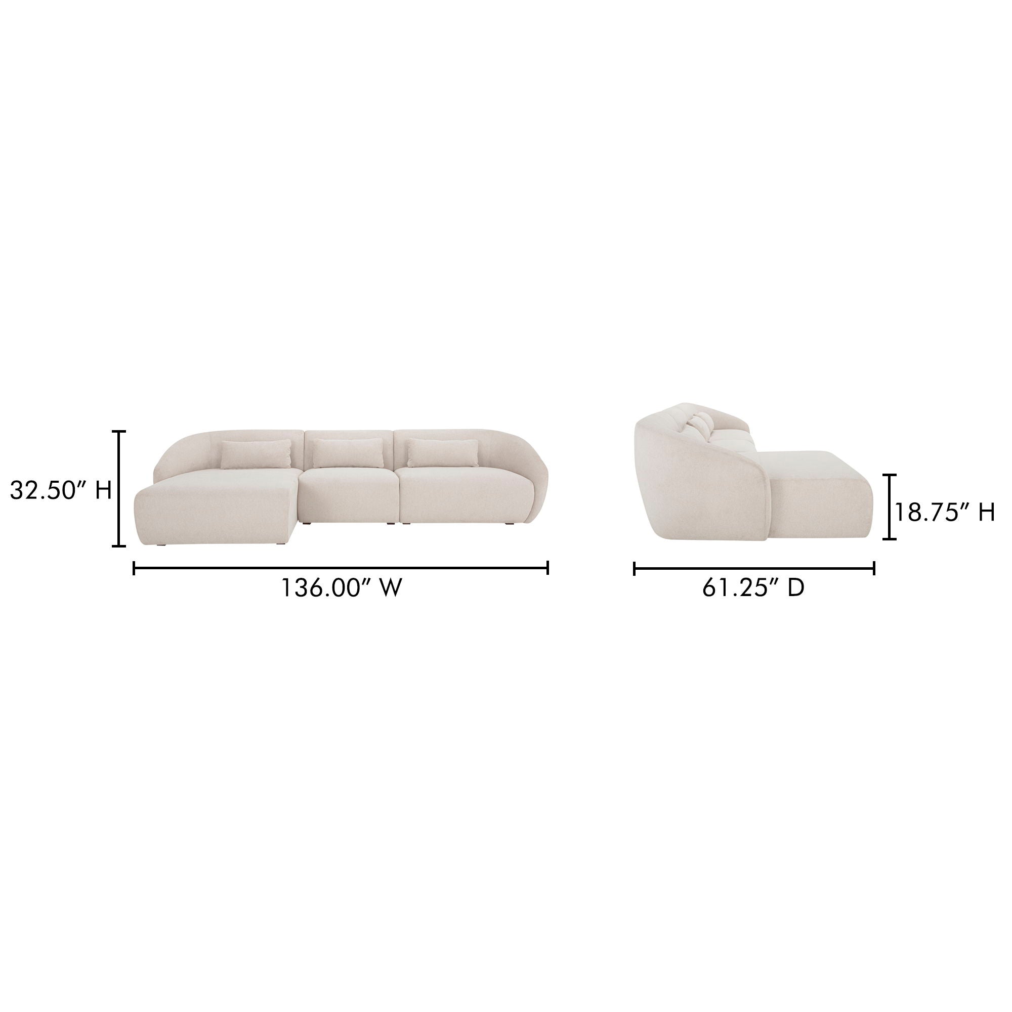 Amelia Lounge Modular Left Sectional Sofa in Warm White - Perfect for Living Room, Family Room & Cozy Home Decor