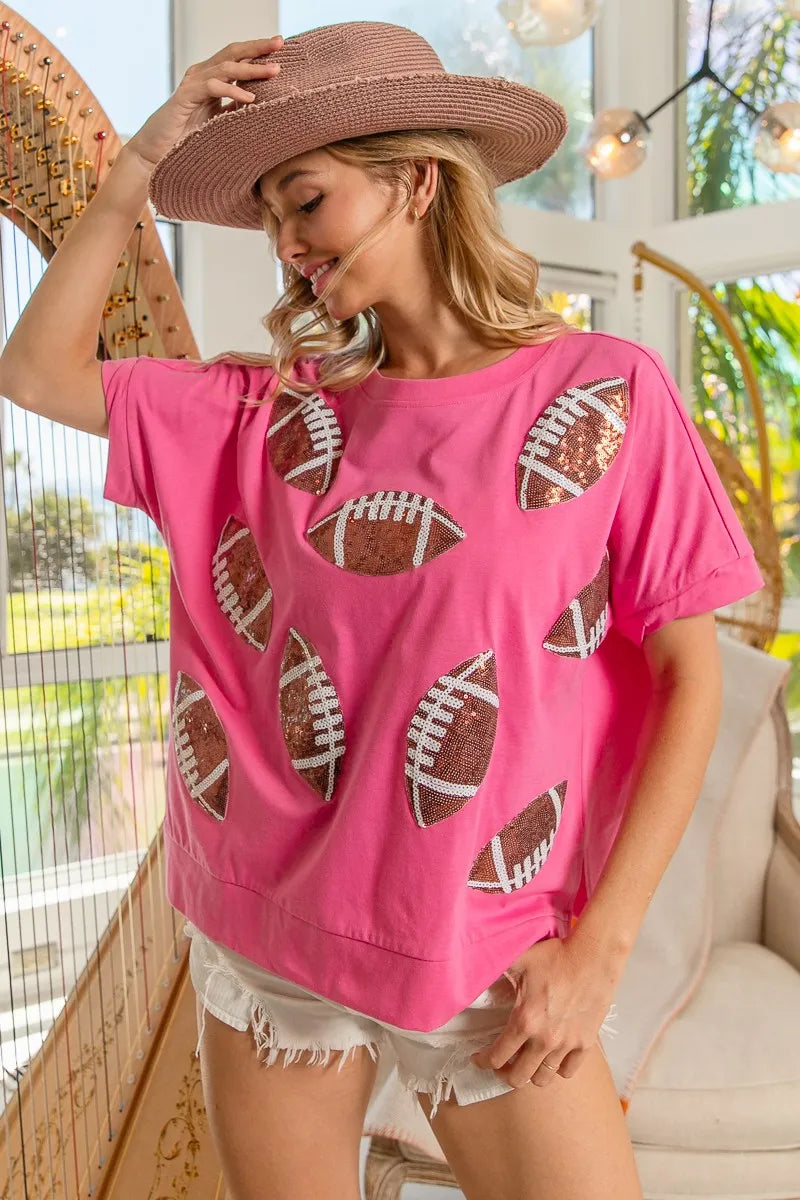 BiBi Game Day Sequins Patched Half Sleeves Top for Women | Sparkling Party & Sports Event Outfit | Perfect for Football Games, Concerts & Night Out