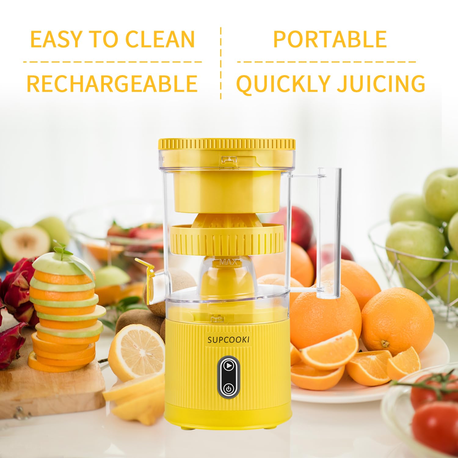 Electric Rechargeable Citrus Juicer - Automatic Orange Lemon Grapefruit Squeezer with USB Charging, Touch Button & Cleaning Brush | Portable Handheld Fruit Juicer for Kitchen, Camping, Travel | BPA-Free Easy to Clean Yellow Juicer for Fresh Juice at Home or On-The-Go