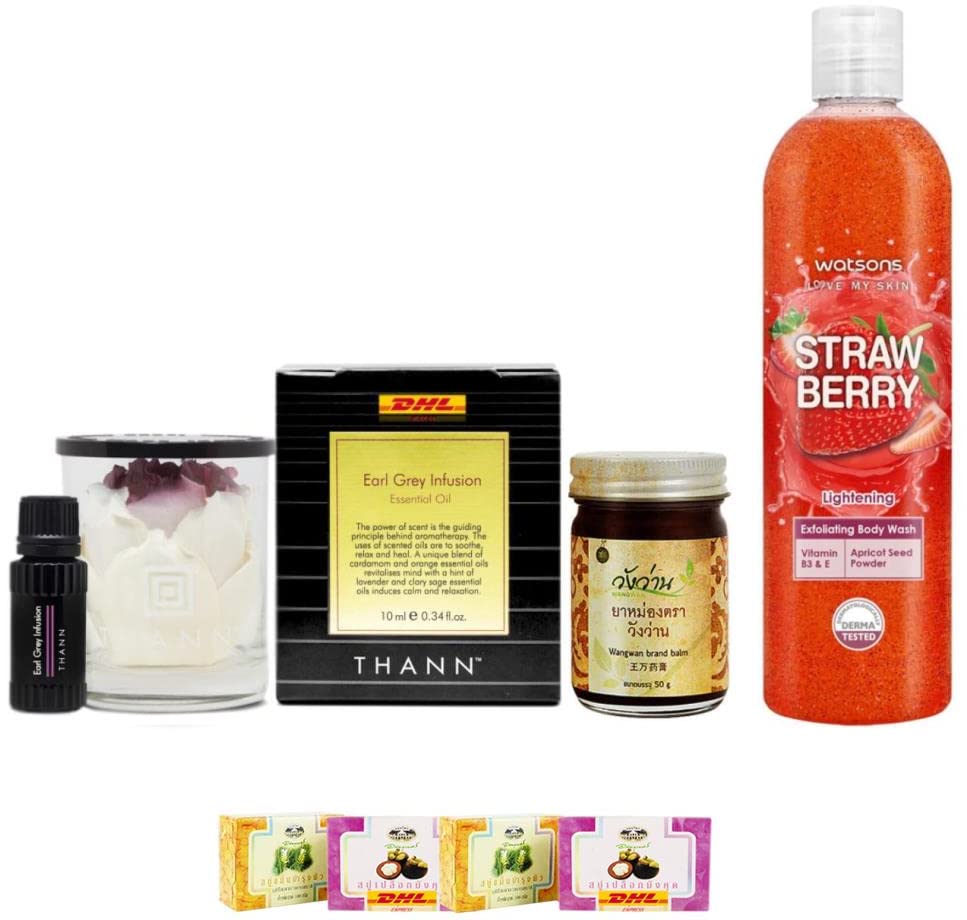 Thann Earl Gray Infusion Essential Oil & Watsons Strawberry Exfoliating Body Wash Set (410ml) - Hydrating & Exfoliating Skincare Duo for Dry Skin | Free Tomato Facial Mask Included | Fast DHL Express Shipping by Thaigiftshop | Perfect for Spa Day & At-Home Skincare Routine