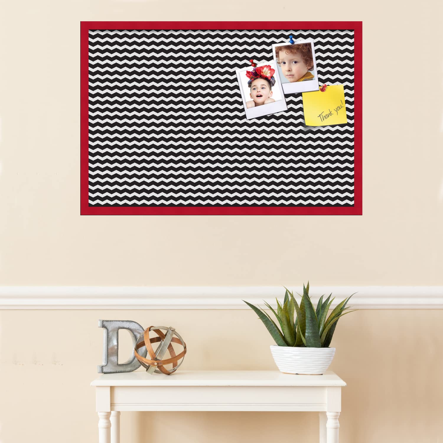 PinPix 36x24 Inch Cork Bulletin Board - Black & White Chevron Design with Red Beech Frame - Stylish Home Office Decor for Notes, Photos & Reminders - Perfect for Wall Organization in Bedroom, Kitchen or Workspace (PinPix-118)